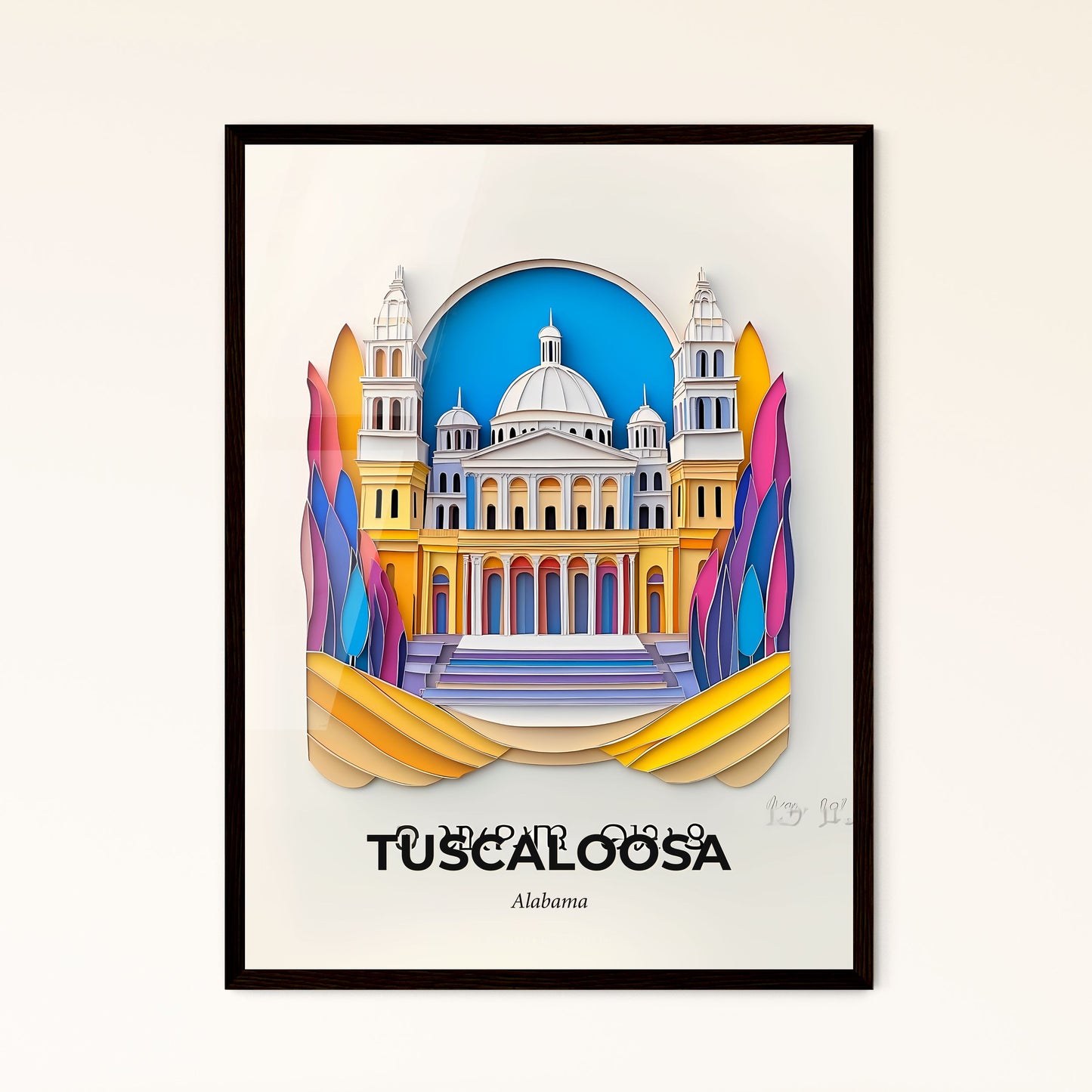 Vivid Tuscaloosa, Alabama - a paper cut of a church with a blue sky