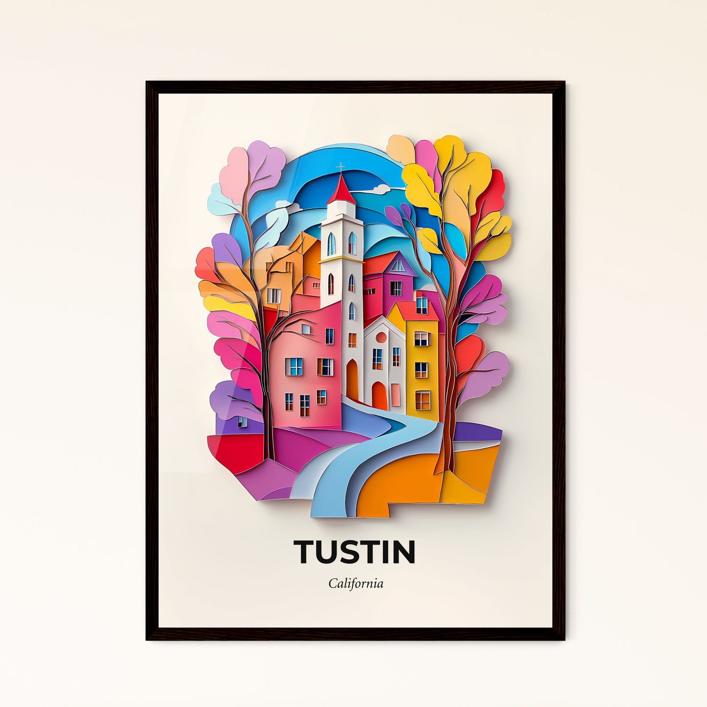 Vivid Tustin, California - a paper cut of a town with a river