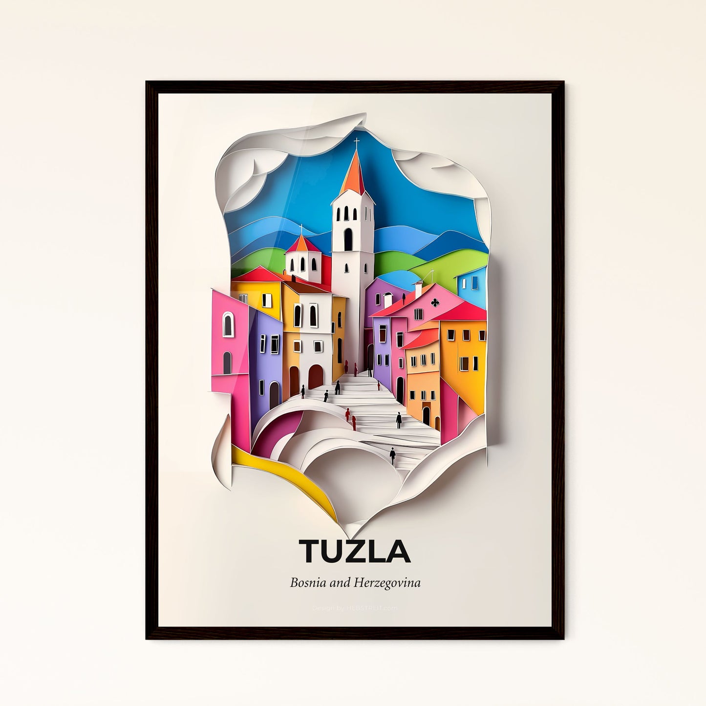 Vivid Tuzla, Bosnia and Herzegovina - a paper cut of a town with a church