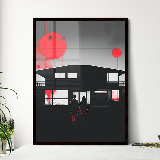 Vibrant Modern House Painting: Abstract Couple in Front of Dark Navy and Pink Facade Default Title