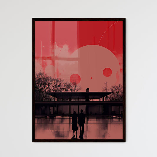 Minimalistic Architectural Illustration of Couple Standing in Front of House with Navy and Red Accents, Abstraction Creation Default Title