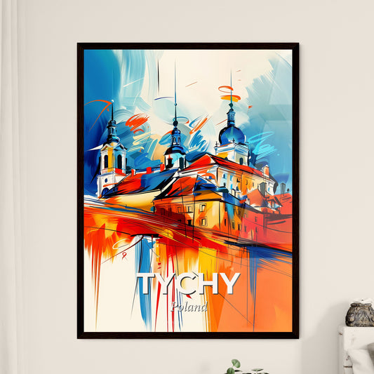 Vibrant Tychy, Poland - A Painting Of A Building With Towers And A Blue And Orange Background