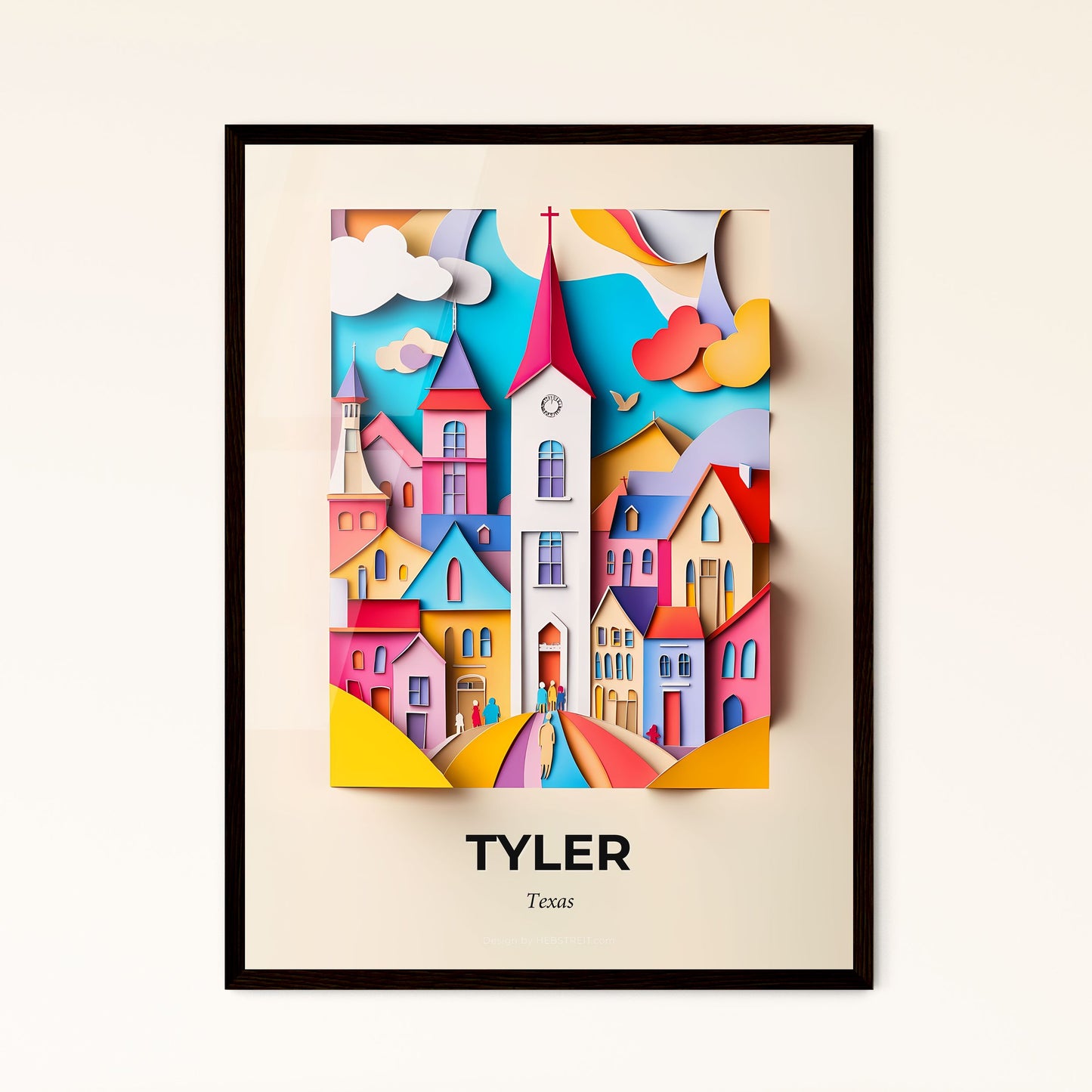 Vivid Tyler, Texas - a paper cut of a city with a clock