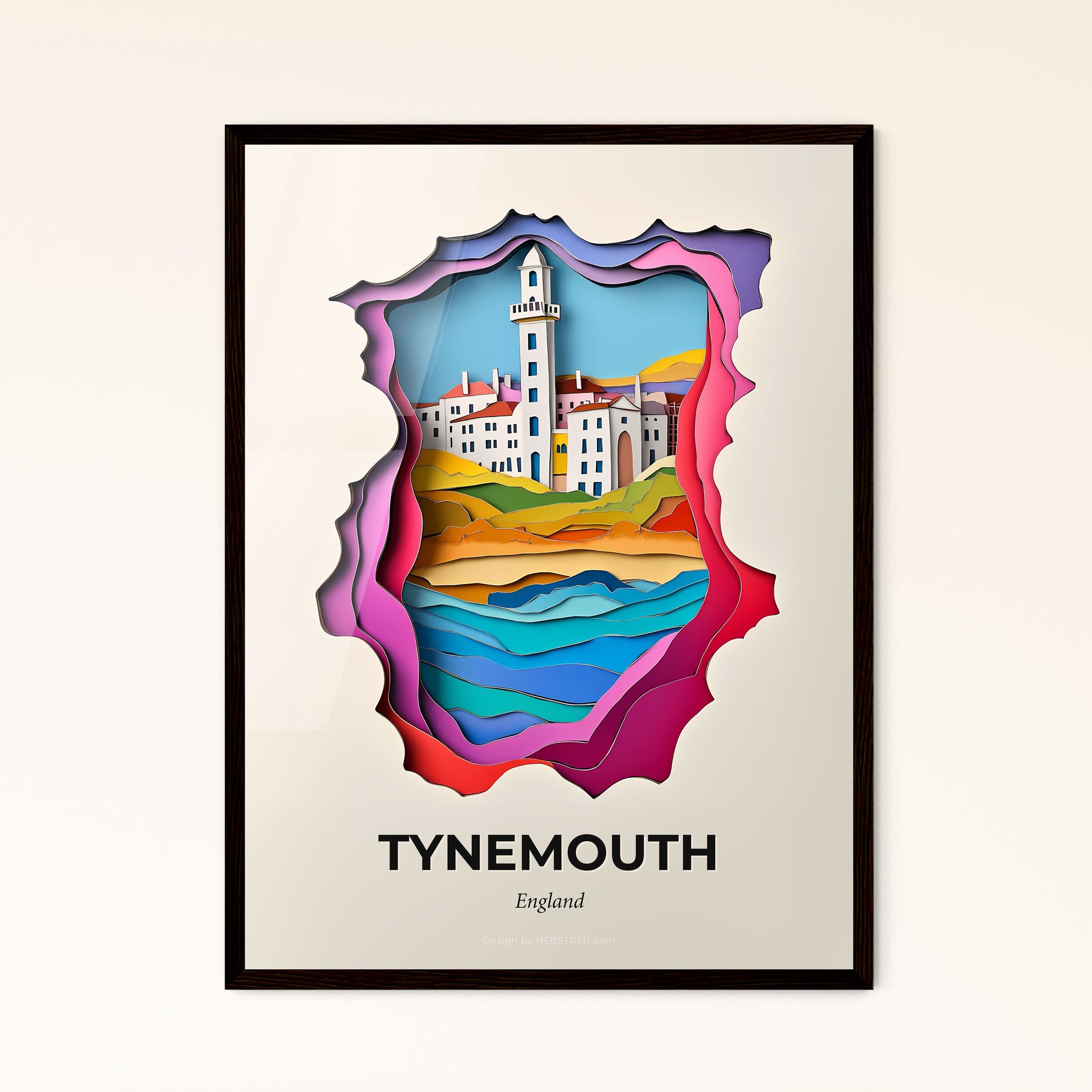 Vivid Tynemouth, England - a paper cut of a lighthouse and a beach