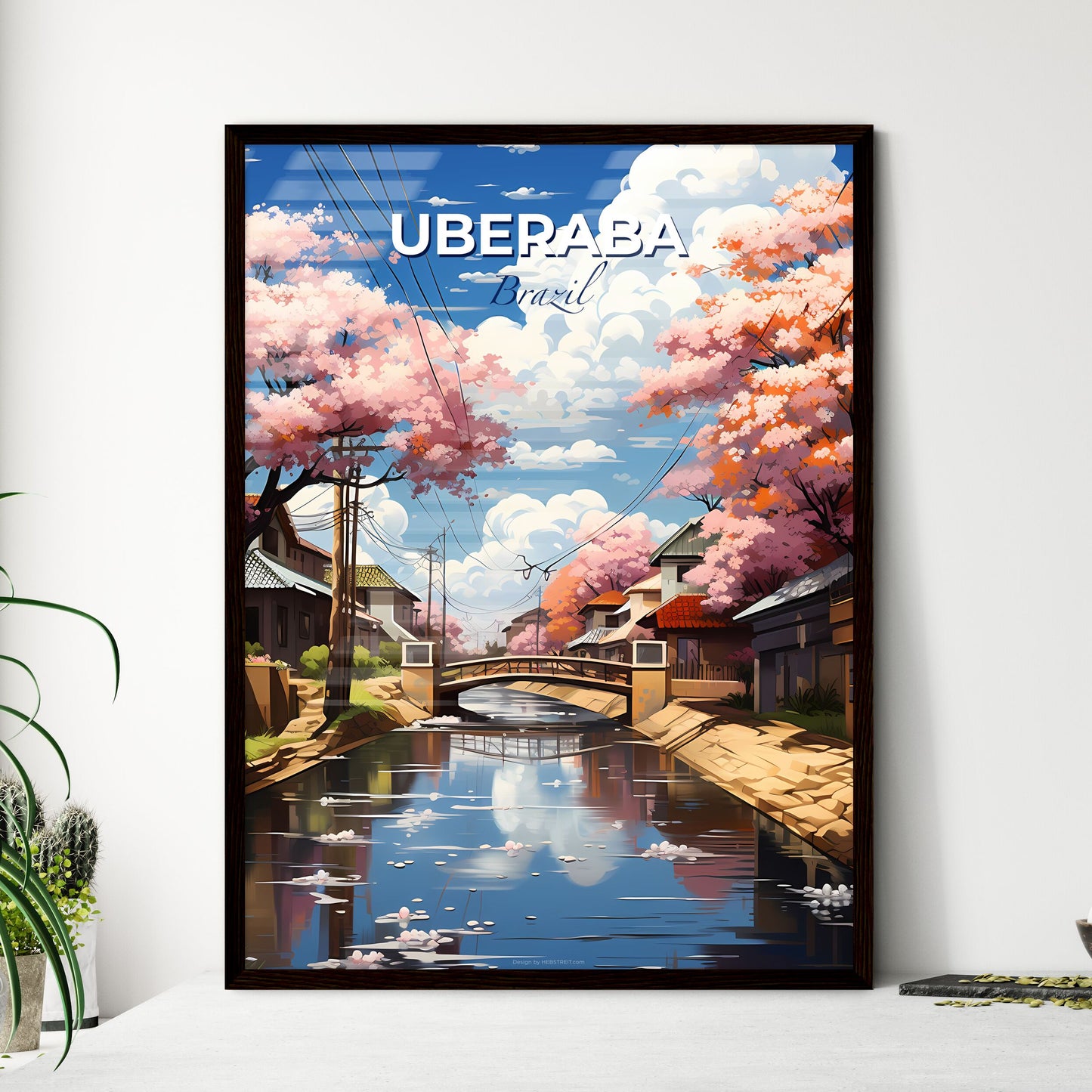 Uberaba City Skyline Water Canal Bridge Pink Trees Vibrant Painting Art Default Title