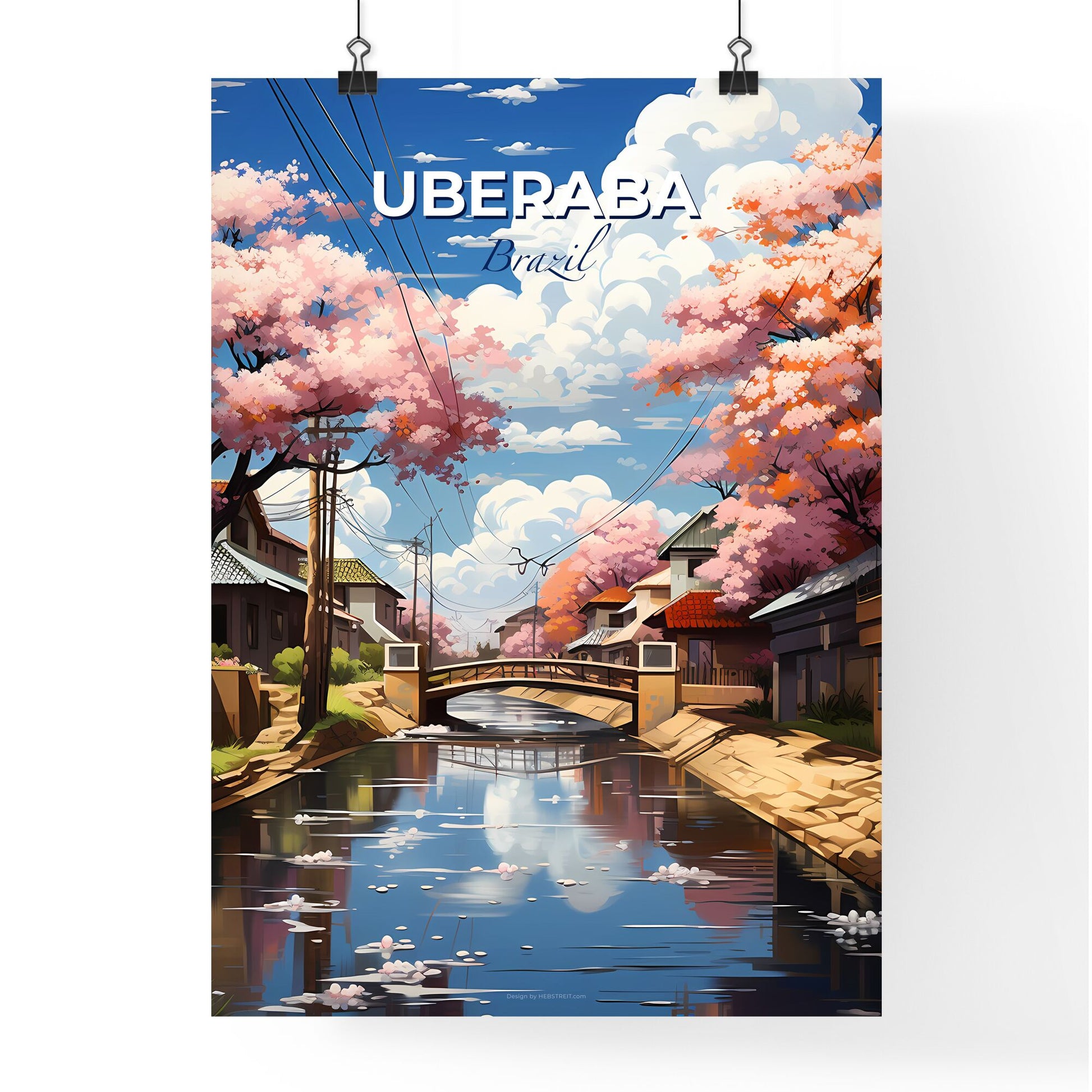 Uberaba City Skyline Water Canal Bridge Pink Trees Vibrant Painting Art Default Title