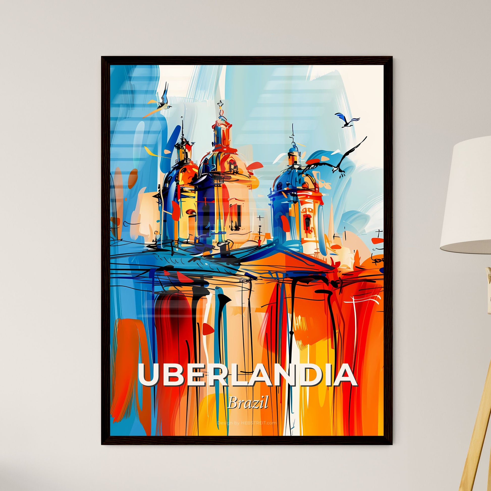 Vibrant Uberlandia, Brazil - A Painting Of A Building With A Blue Sky And Birds Flying