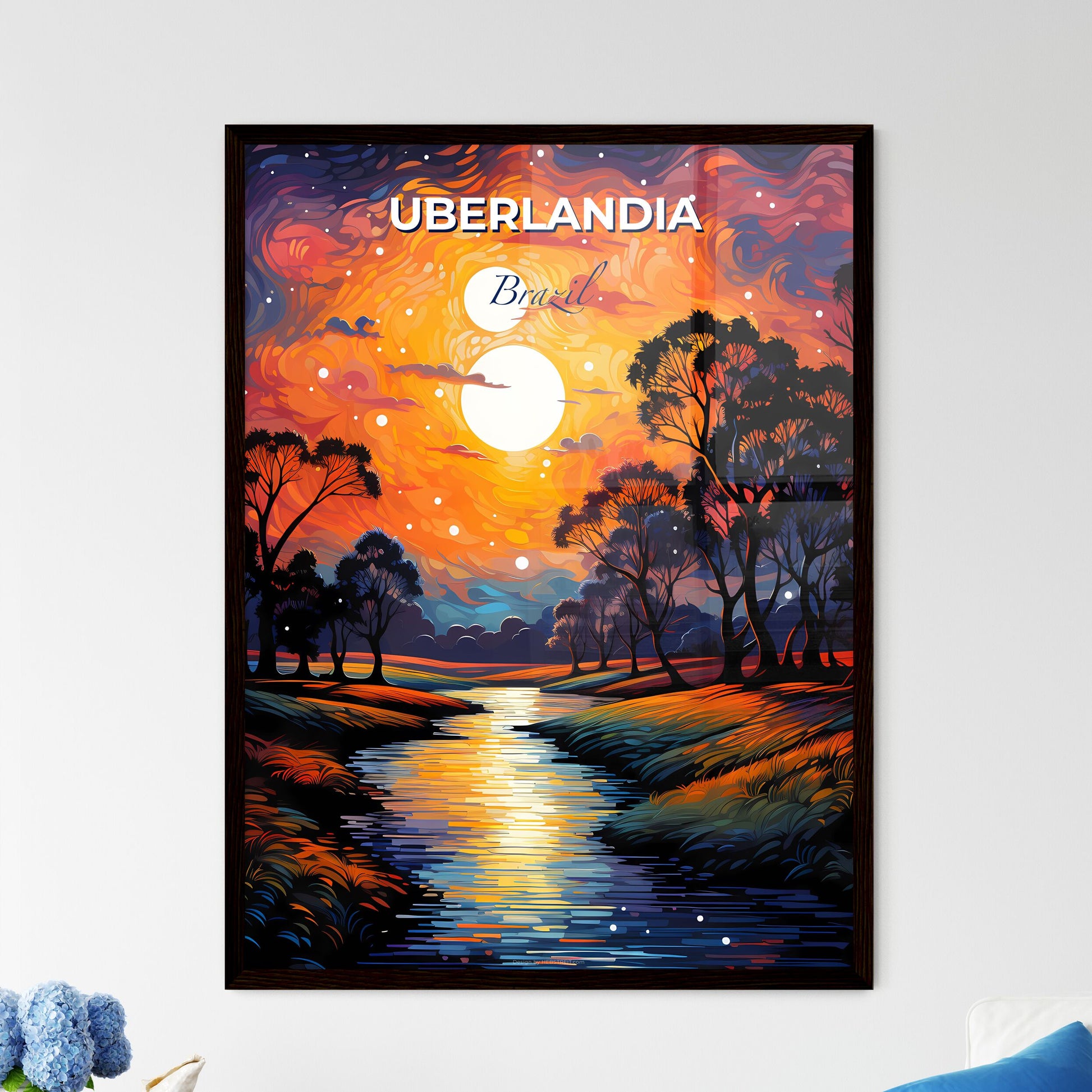 Colorful Painted Uberlandia Brazil Skyline Depicting a River Flowing through a Lush Green Forest Default Title