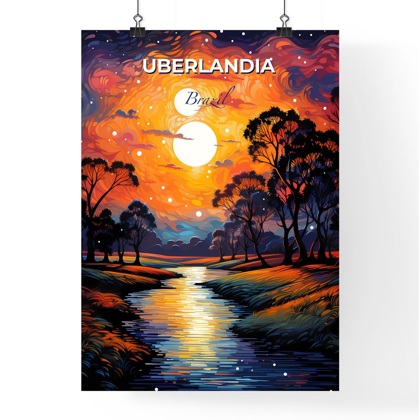 Colorful Painted Uberlandia Brazil Skyline Depicting a River Flowing through a Lush Green Forest Default Title