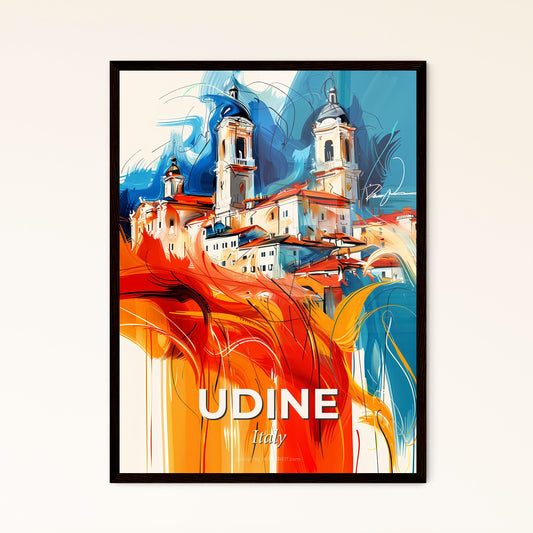 Vibrant Udine, Italy - A Painting Of A Building With Towers And A Blue And Orange Background