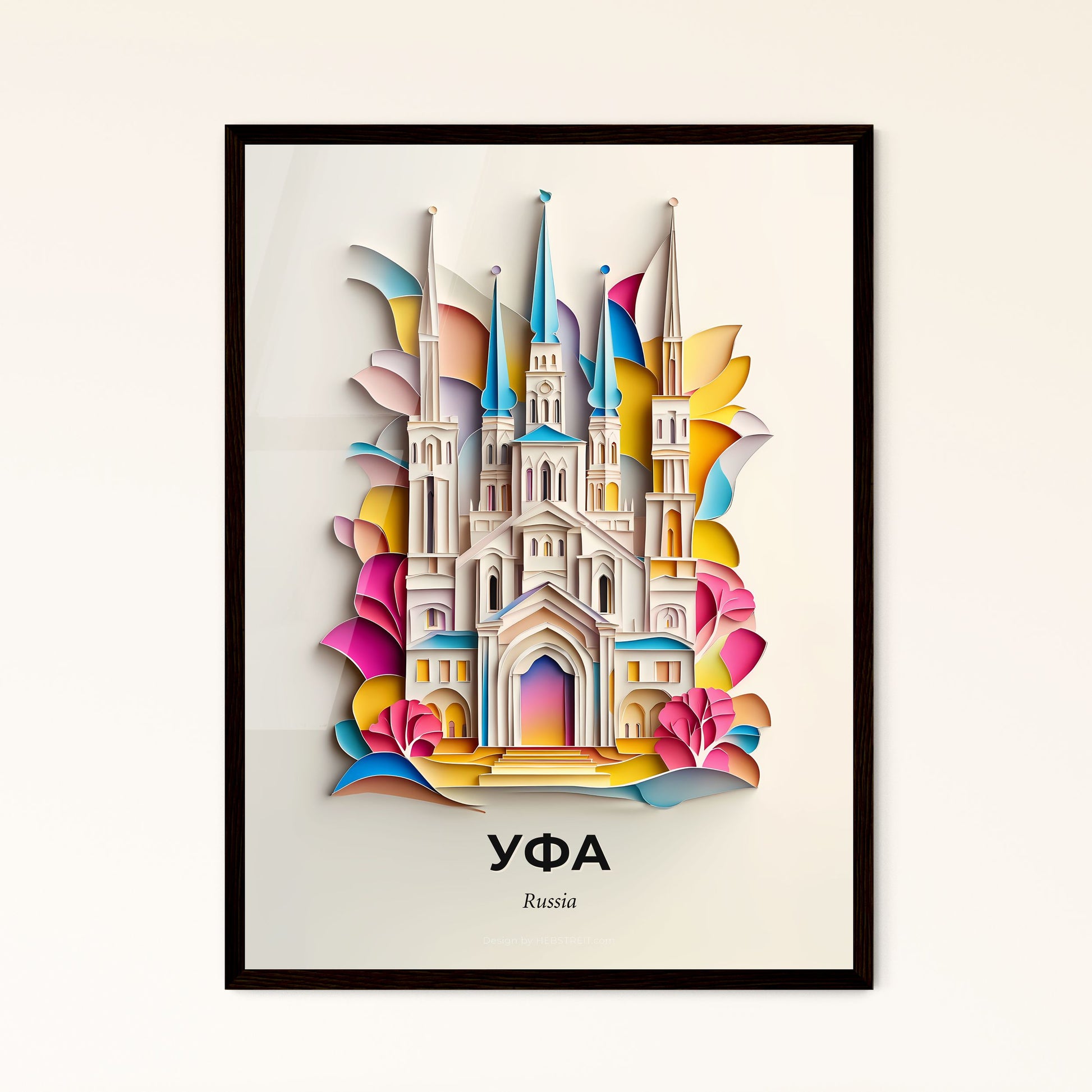 Vivid Ufa, Russia - a paper cut of a church with a rainbow background