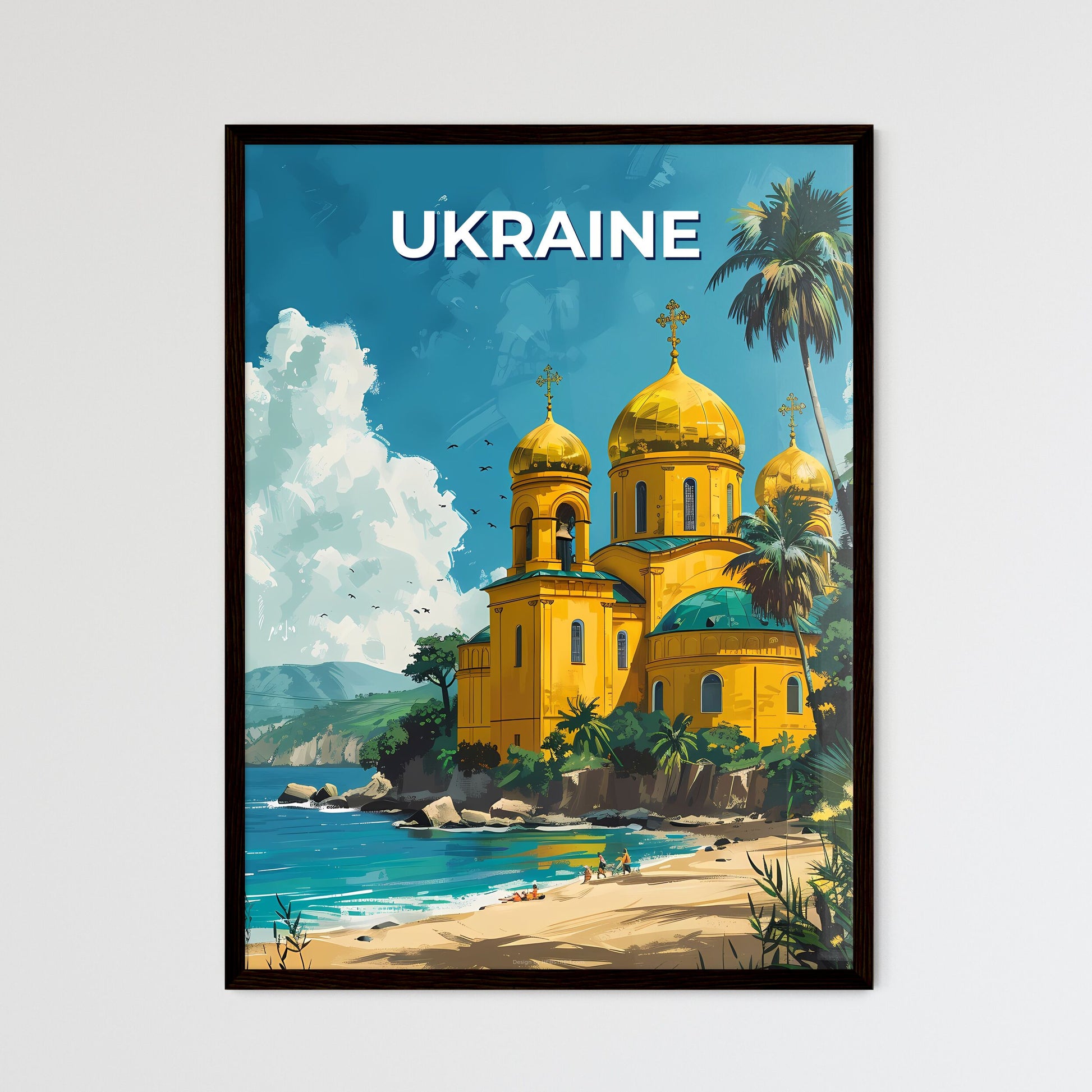 Artful Representation of Ukrainian Culture: Vibrant Building, Beach, and Palm Trees