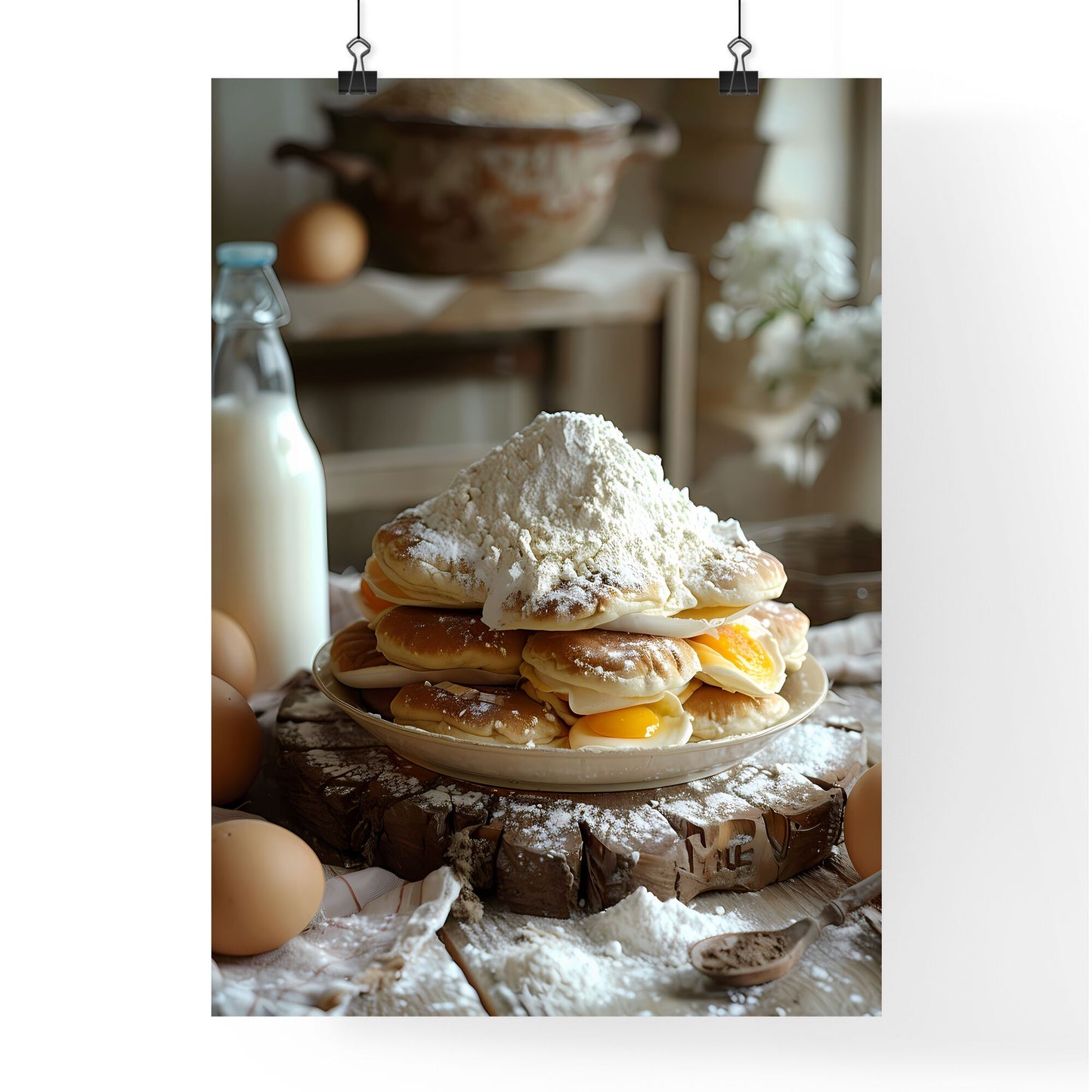 Vibrant Pancake Still Life Painting: Hyper-Realistic Flour, Milk, Sugar, Eggs, and Pancakes Default Title
