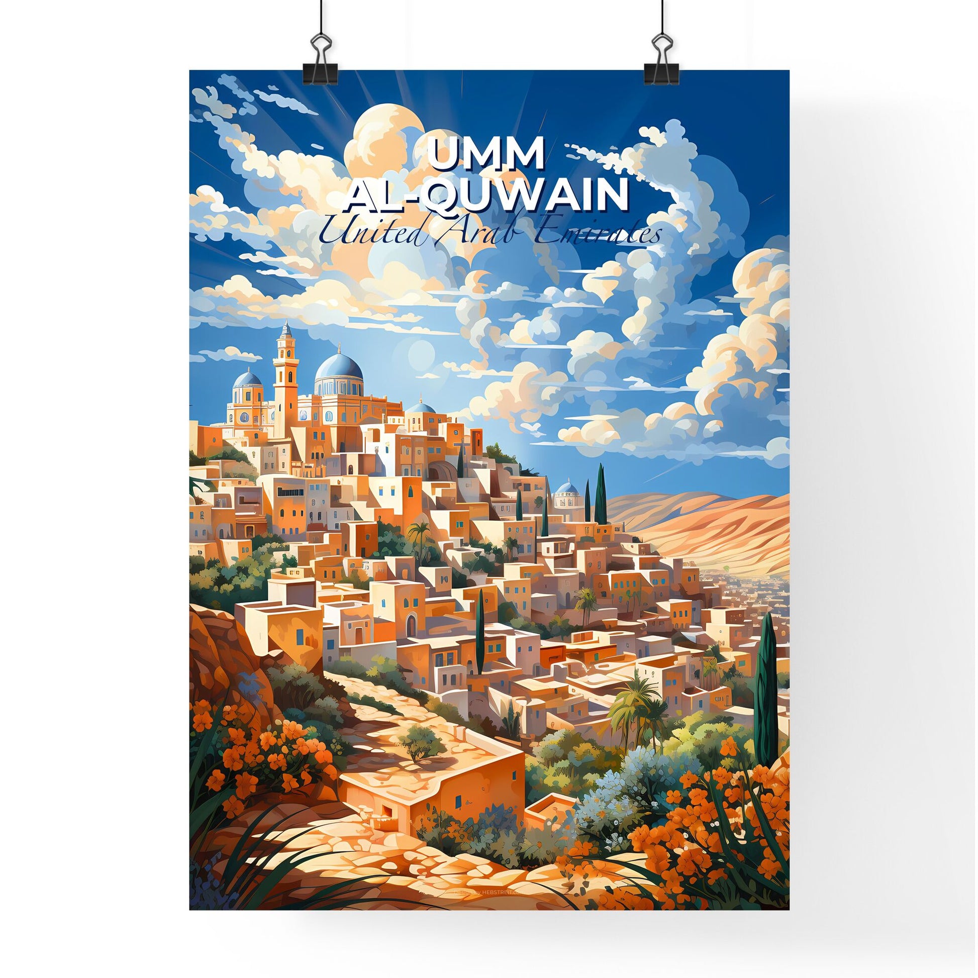 Expressive Cityscape Painting of Umm al-Quwain United Arab Emirates Skyline on a Hilltop Default Title