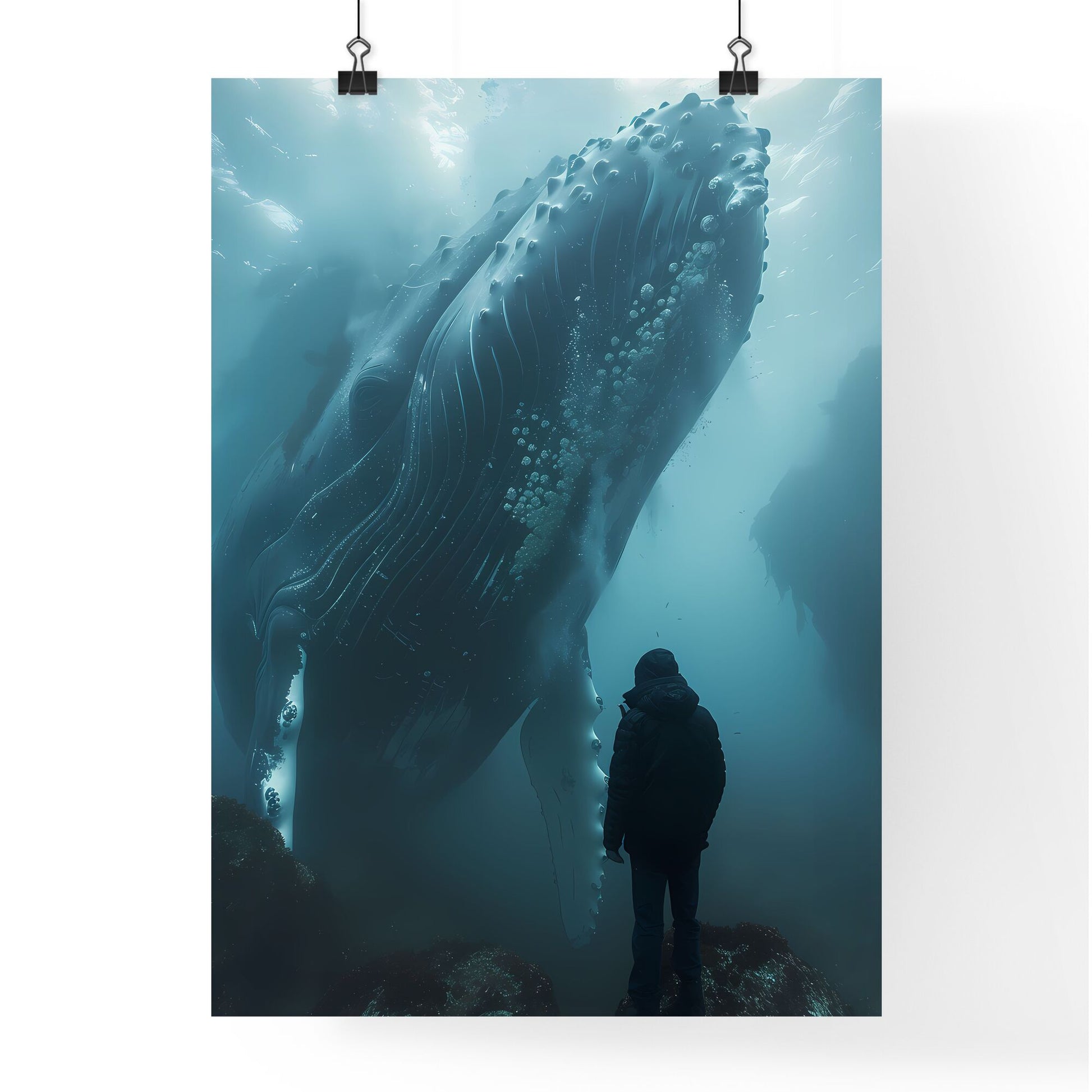 Vibrant underwater painting of a majestic humpback whale and a human figure showcasing the power of nature and art Default Title