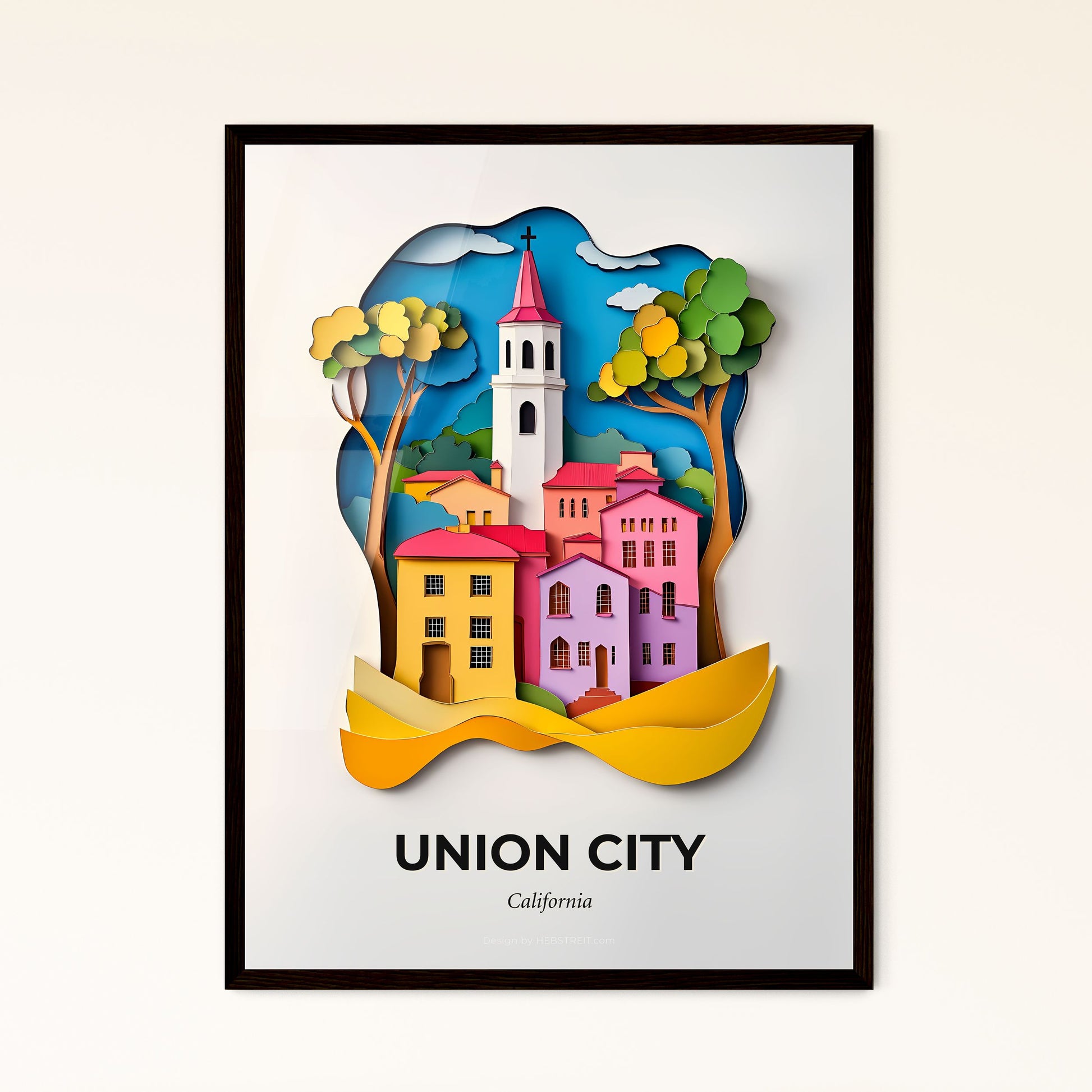 Vivid Union City, California - a paper cut of a church and a tree