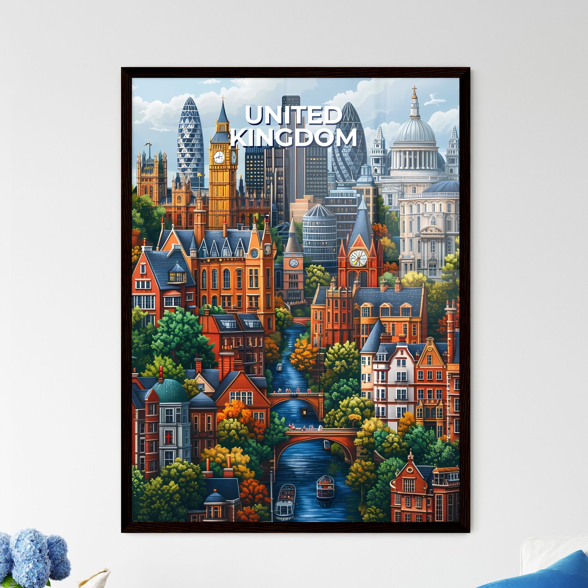 Cityscape Painting of a Vibrant European Metropolis with Buildings and a River