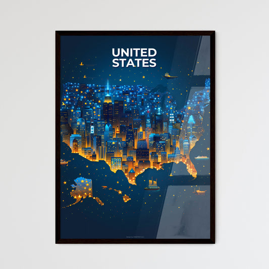 Abstract Painting of the United States with Buildings and Ships in North America Framed Art