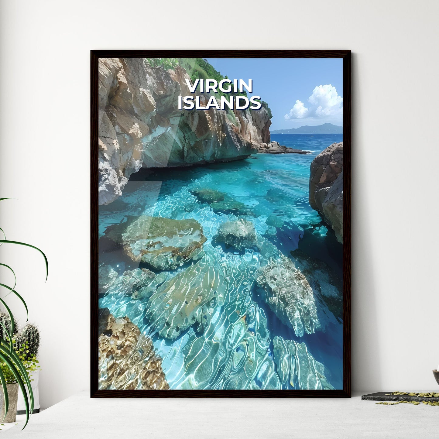 Vibrant Rocky Cliffs and Azure Waters Artwor - Framed Art Print