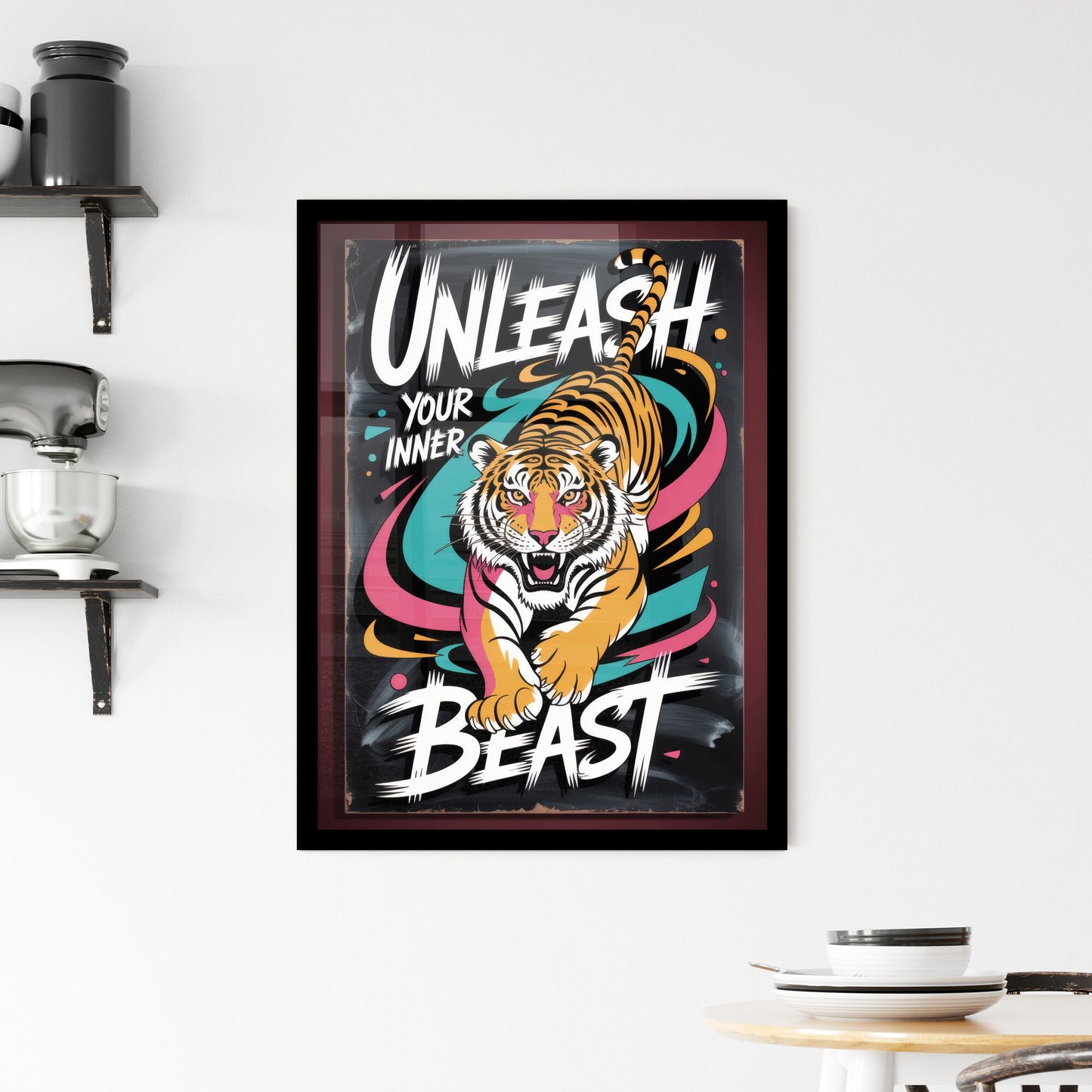 Unleash Your Inner Beast: A Vibrant Tiger Graphic for Motivation and Inspiration. Framed Print