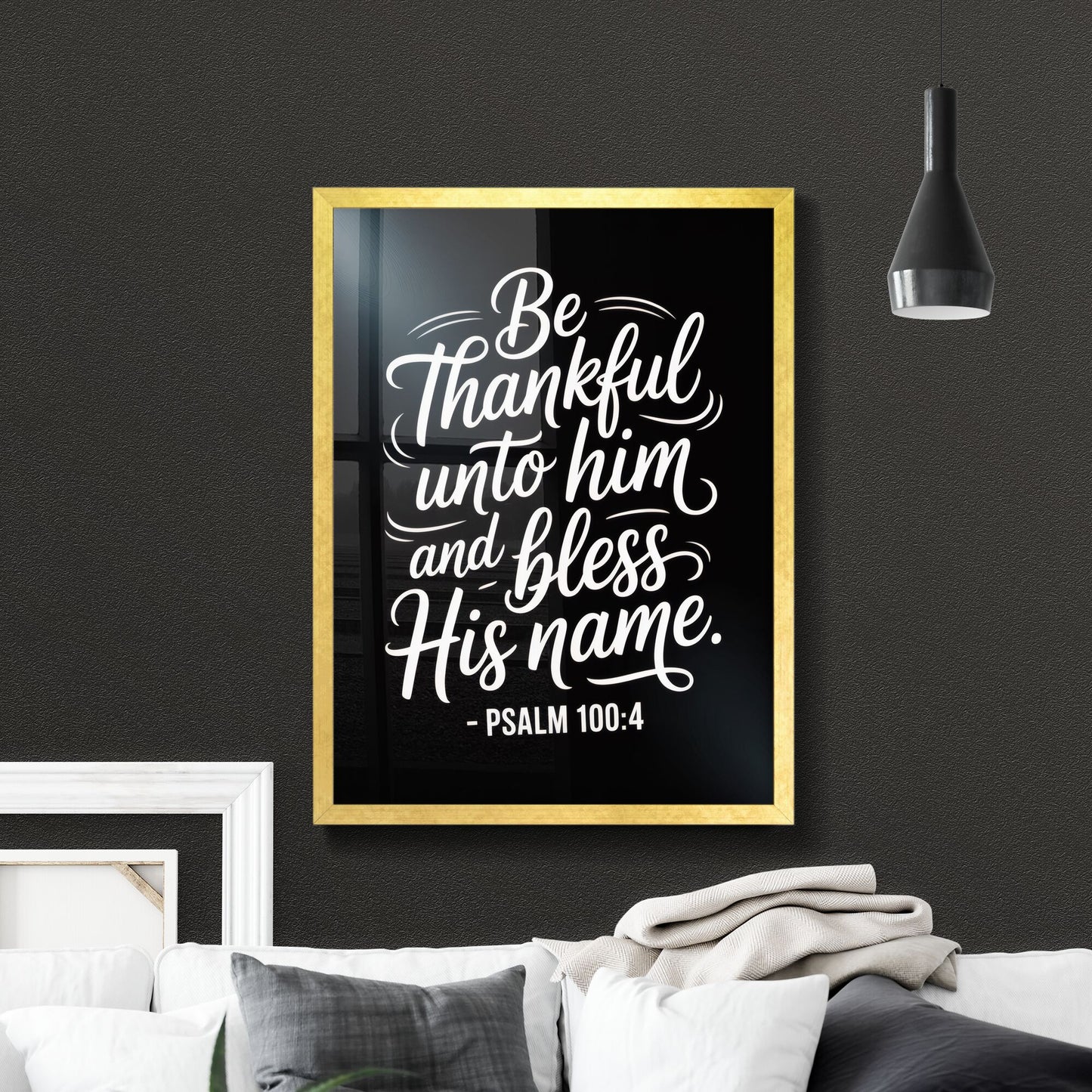 Uplifting Typography of Gratitude Inspired by Psalm 100:4 on a Black Background.