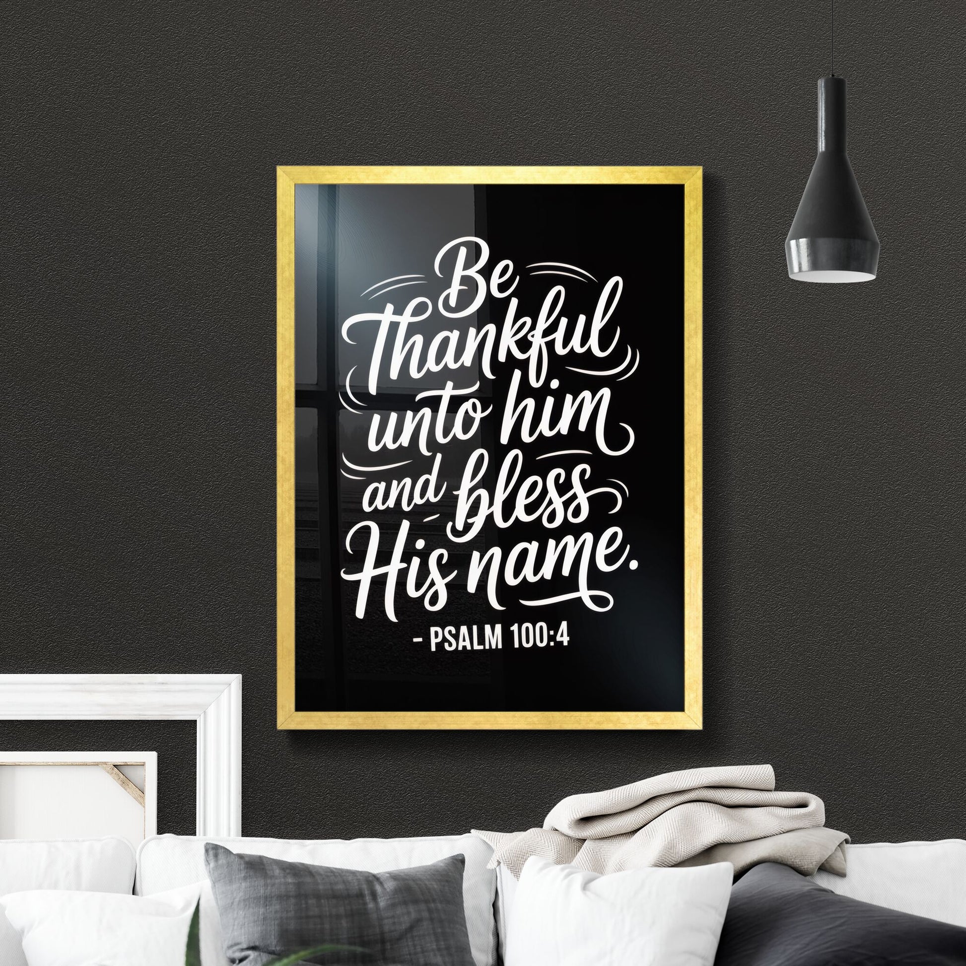 Uplifting Typography of Gratitude Inspired by Psalm 100:4 on a Black Background.