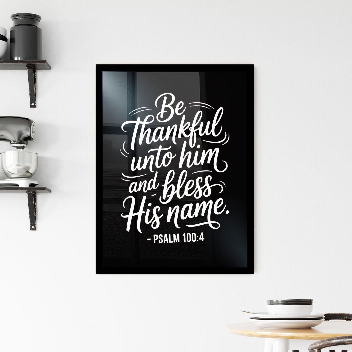 Uplifting Typography of Gratitude Inspired by Psalm 100:4 on a Black Background. Framed Print