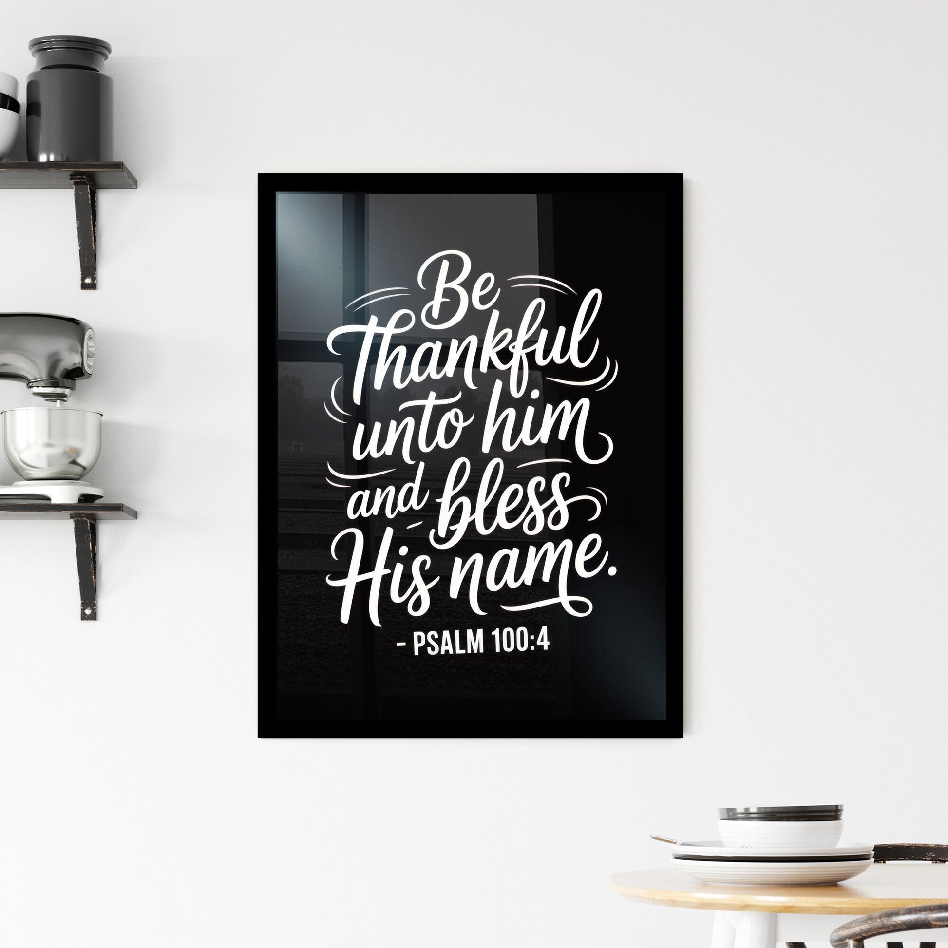 Uplifting Typography of Gratitude Inspired by Psalm 100:4 on a Black Background. Framed Print