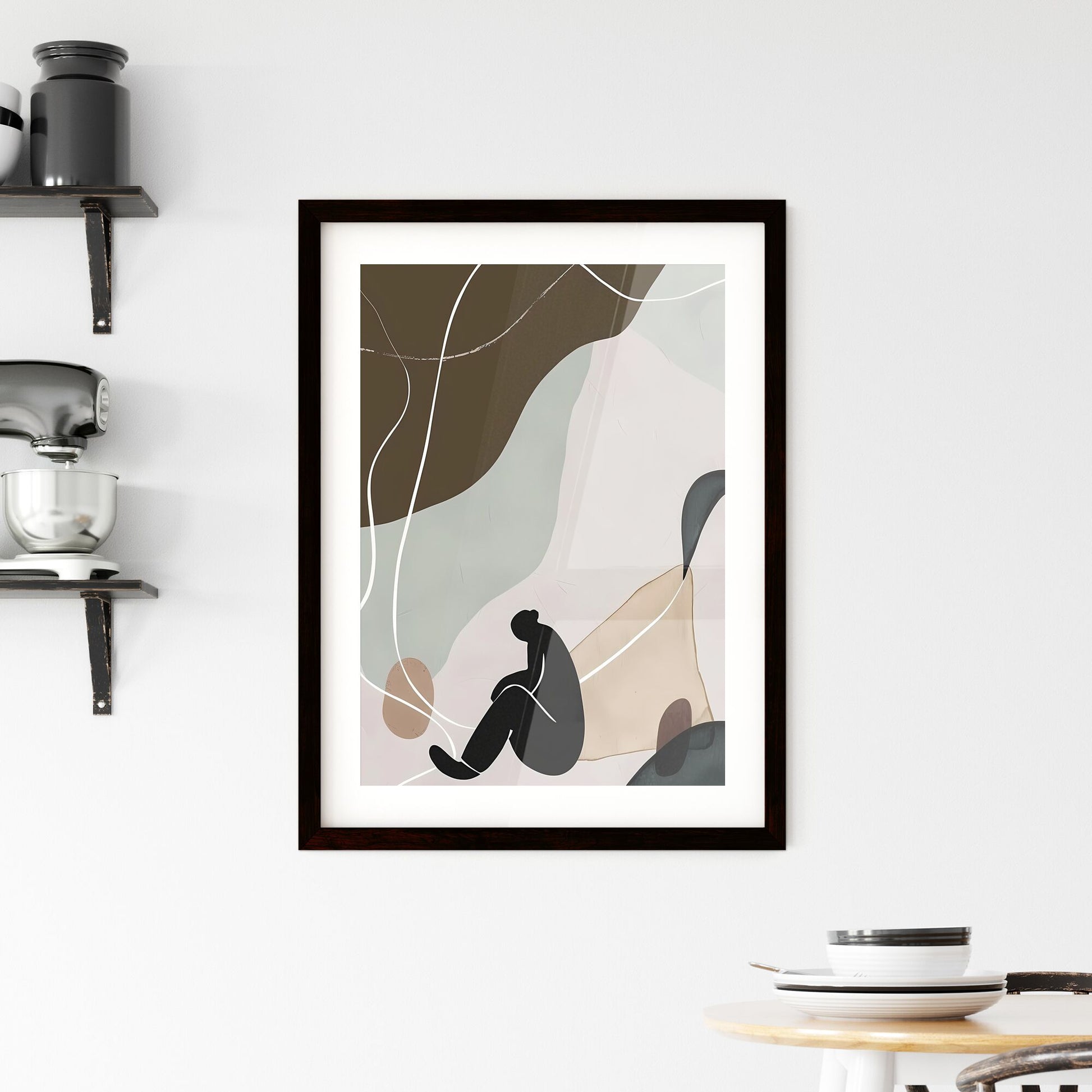 Modern Minimalist Art Print: Bold Black Figure on Colorful Surface, Gouache Painting Poster, Muted Palette, Line Art, Papier Couché Default Title