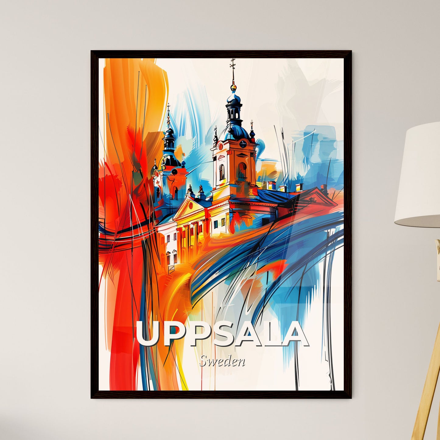 Vibrant Uppsala, Sweden - A Painting Of A Building With A Tower And A Spire