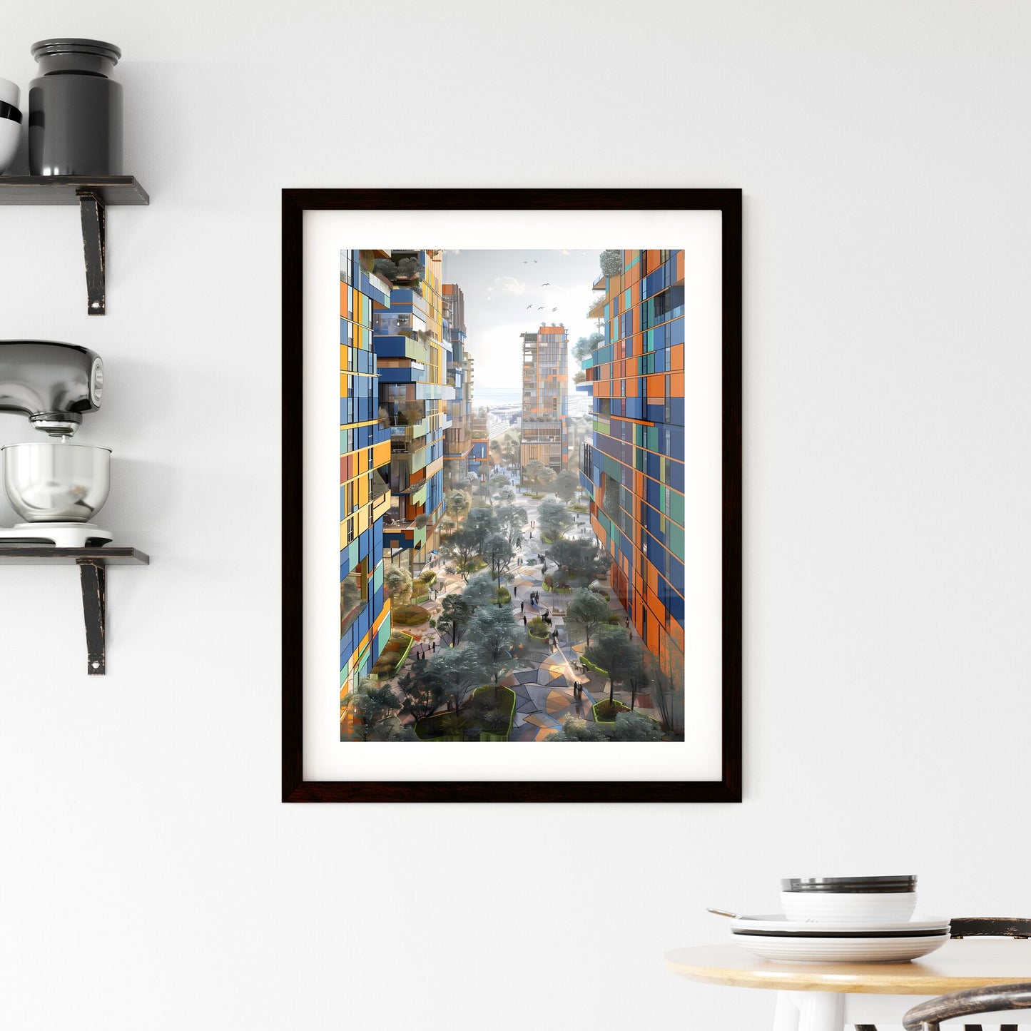 Urban Painting Depicting City Life with Walking People, Showcasing Artistic Style and Vibrant Colors Default Title