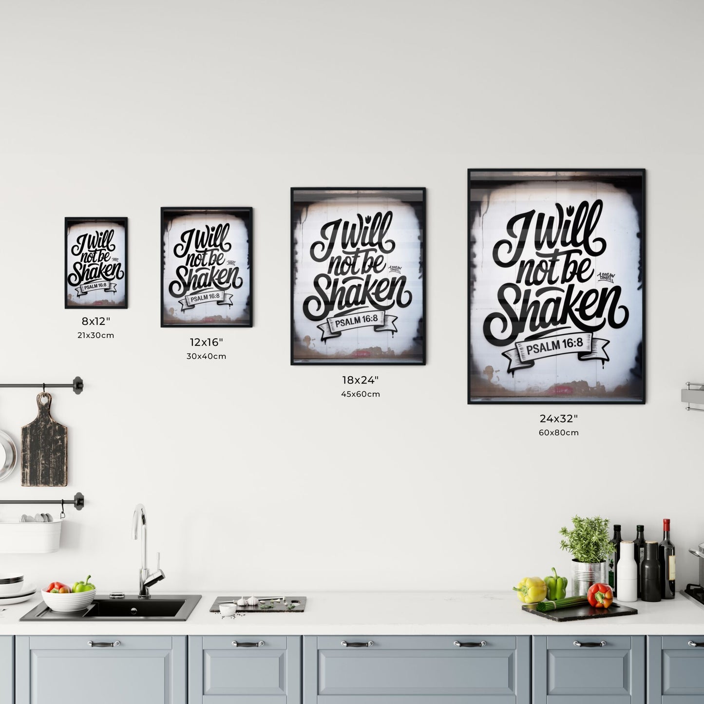 Urban Graffiti Art Featuring Inspirational Quote 'I Will Not Be Shaken' with Psalm 16:8. Chart