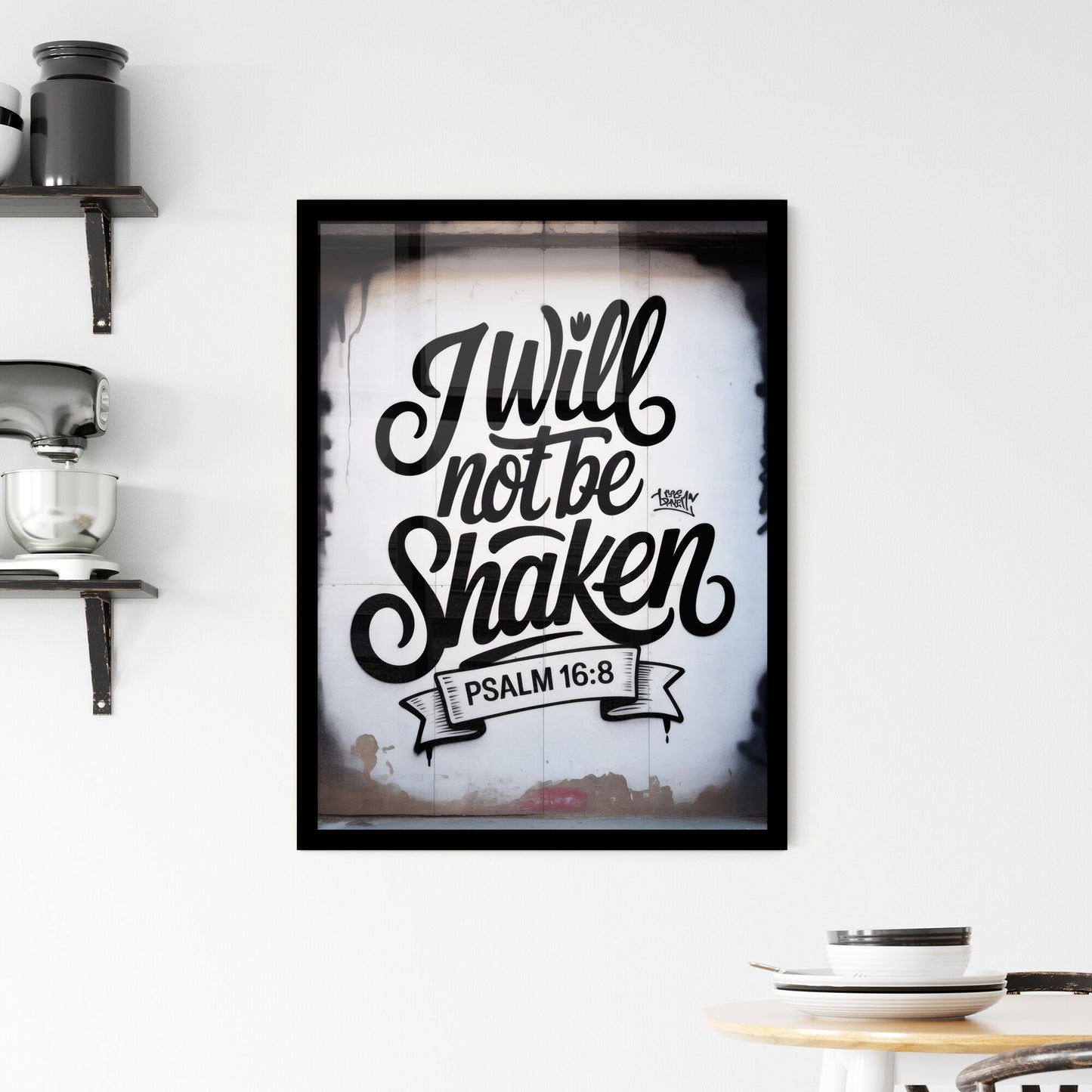 Urban Graffiti Art Featuring Inspirational Quote 'I Will Not Be Shaken' with Psalm 16:8. Framed Print