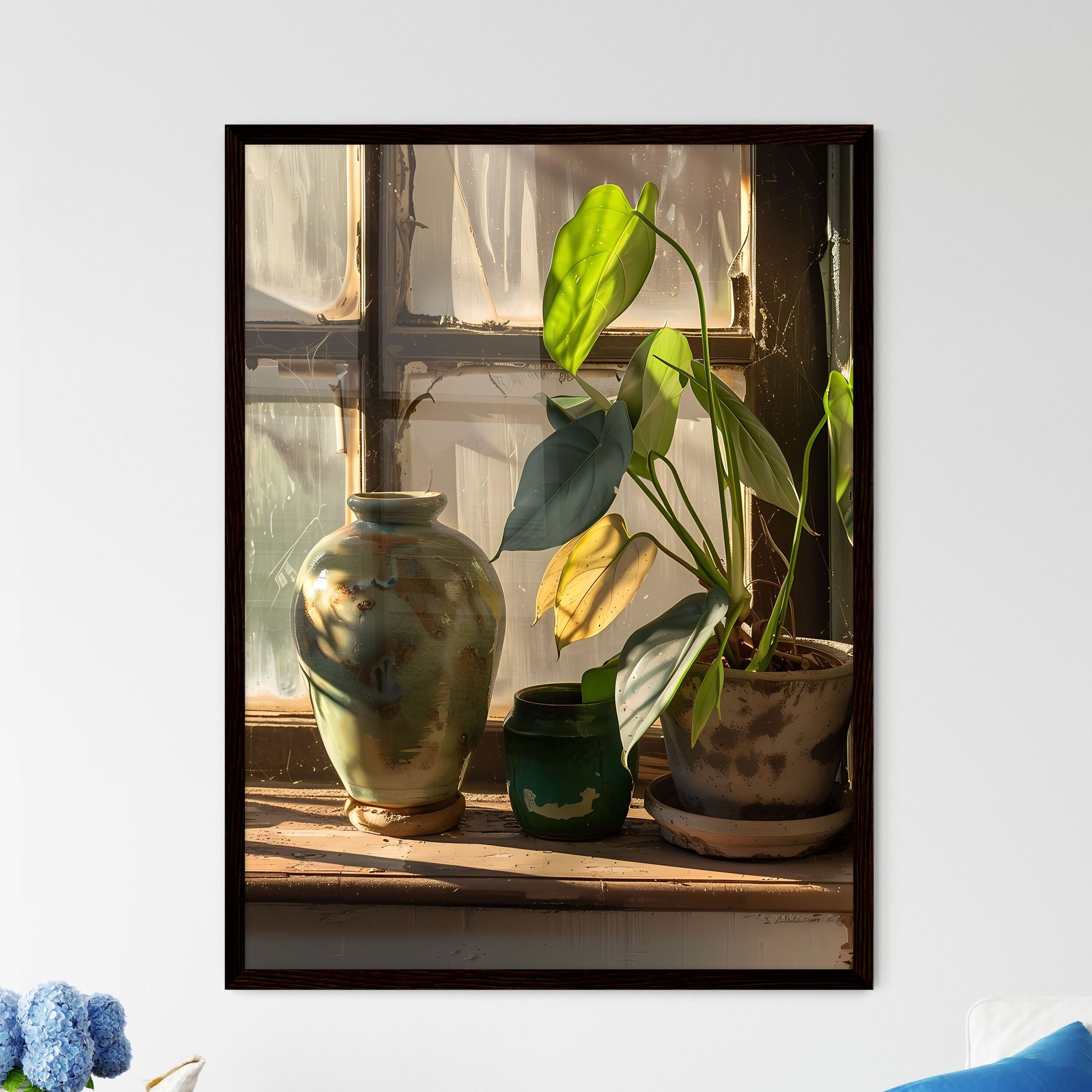 Vibrant Urban Still Life: Painted Potted Plant and Vase on Windowsill with Focus on Artistic Expression Default Title