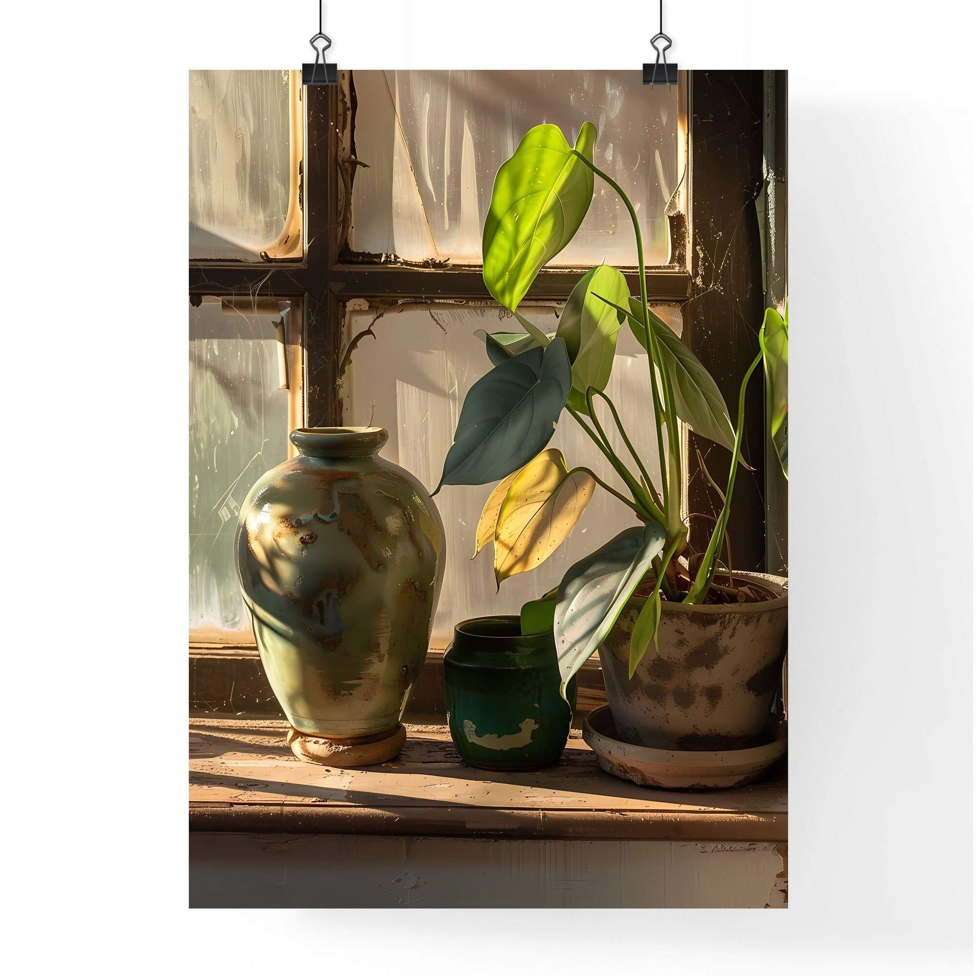 Vibrant Urban Still Life: Painted Potted Plant and Vase on Windowsill with Focus on Artistic Expression Default Title