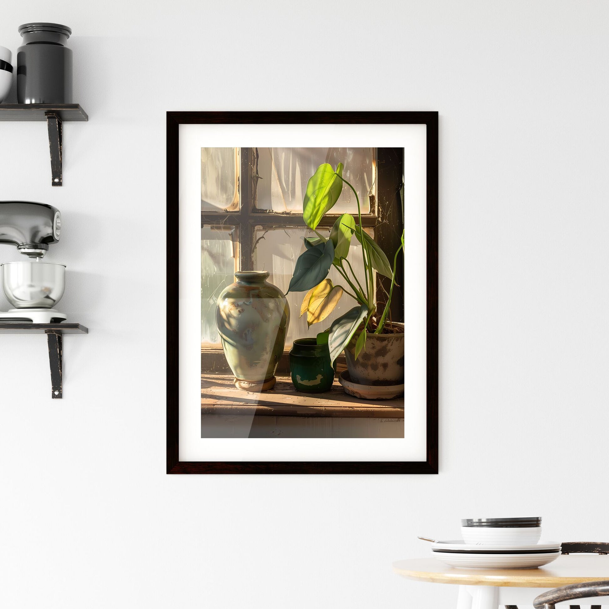 Vibrant Urban Still Life: Painted Potted Plant and Vase on Windowsill with Focus on Artistic Expression Default Title