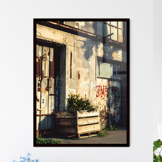 Vibrant Urban Still Life: Wooden Crates with Flowers Against a Cityscape Default Title