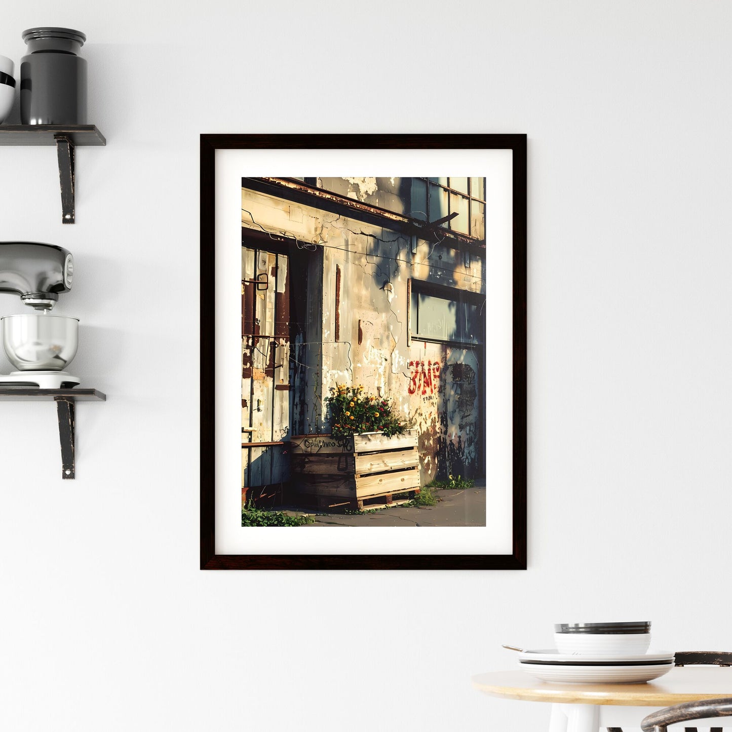 Vibrant Urban Still Life: Wooden Crates with Flowers Against a Cityscape Default Title