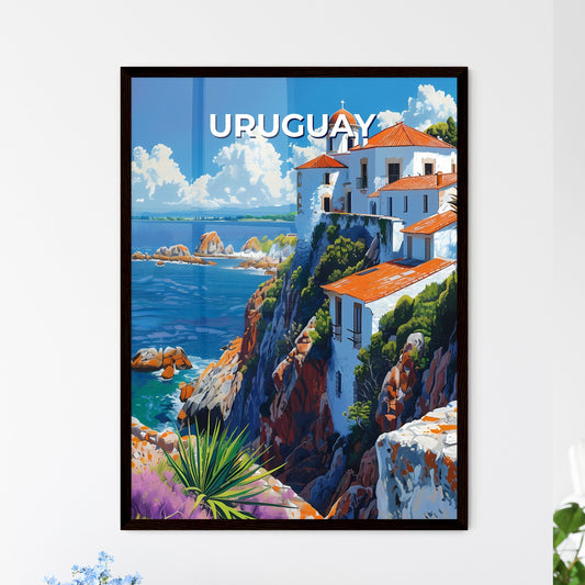Vibrant Uruguay Painting: White Clifftop Building by South American Ocean
