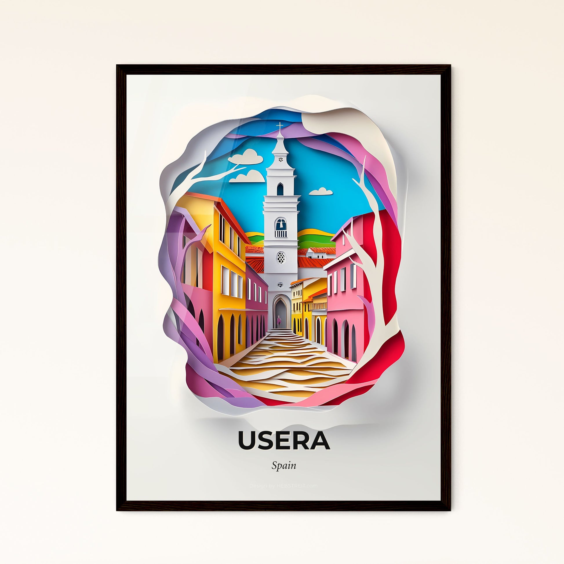 Vivid Usera, Spain - a paper cut of a street with a clock tower