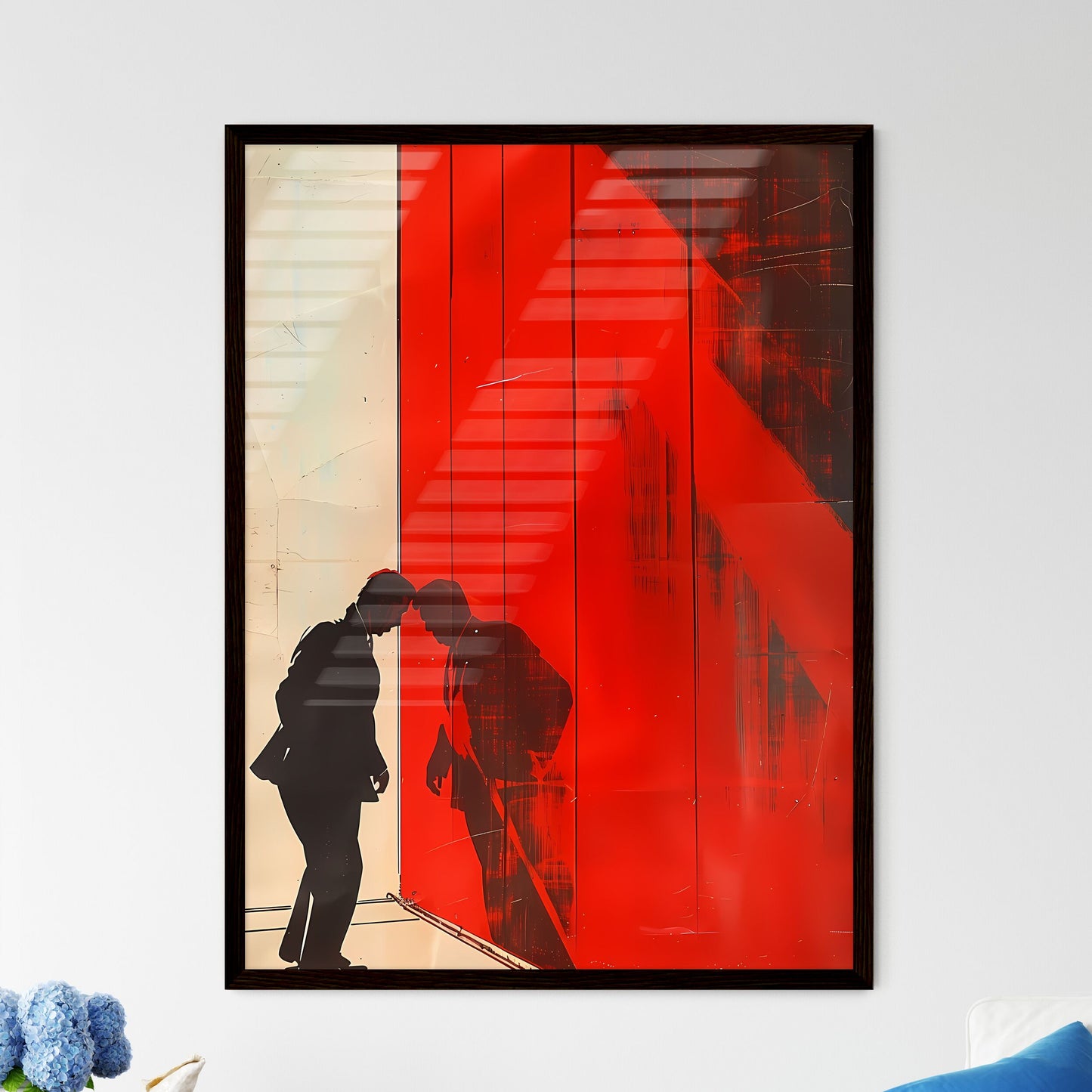 Vibrant Painting with Silhouette of Man and Woman, Propaganda-Style, Art Focus Default Title