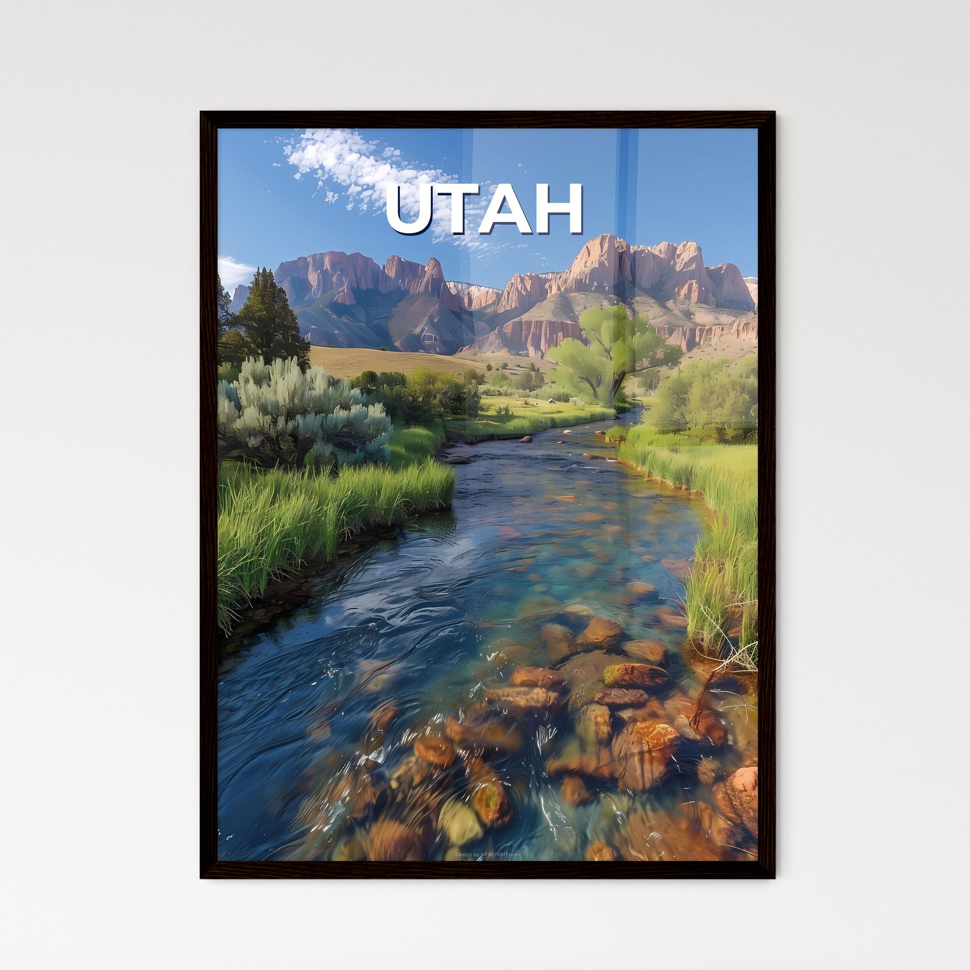Fine art painting, vibrant Utah valley landscape with river, tall grass, and mountains