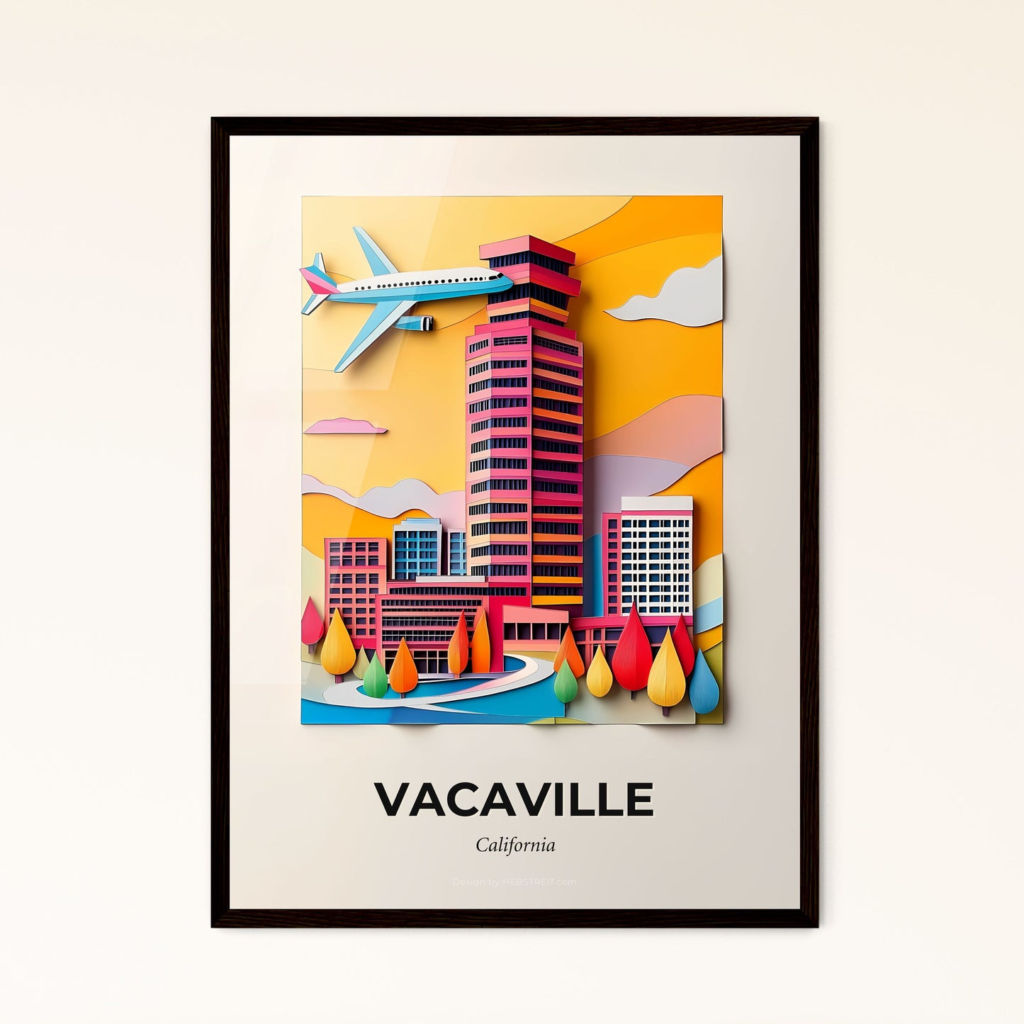 Vivid Vacaville, California - a paper cut of a city with a plane flying over it