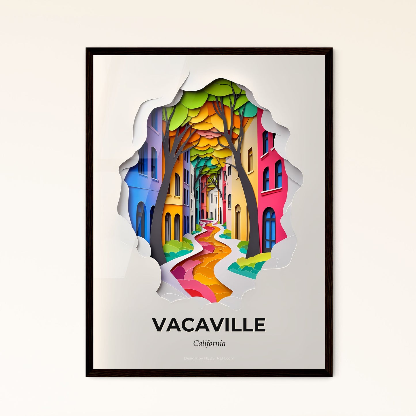 Vivid Vacaville, California - a paper cut of a colorful street with trees