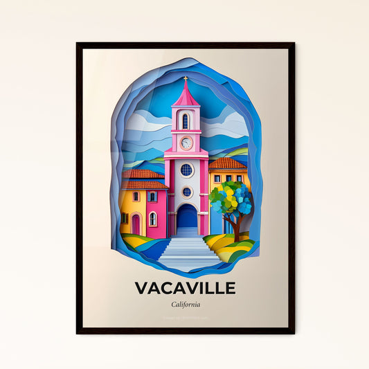 Vivid Vacaville, California - a paper cut of a church with a clock tower