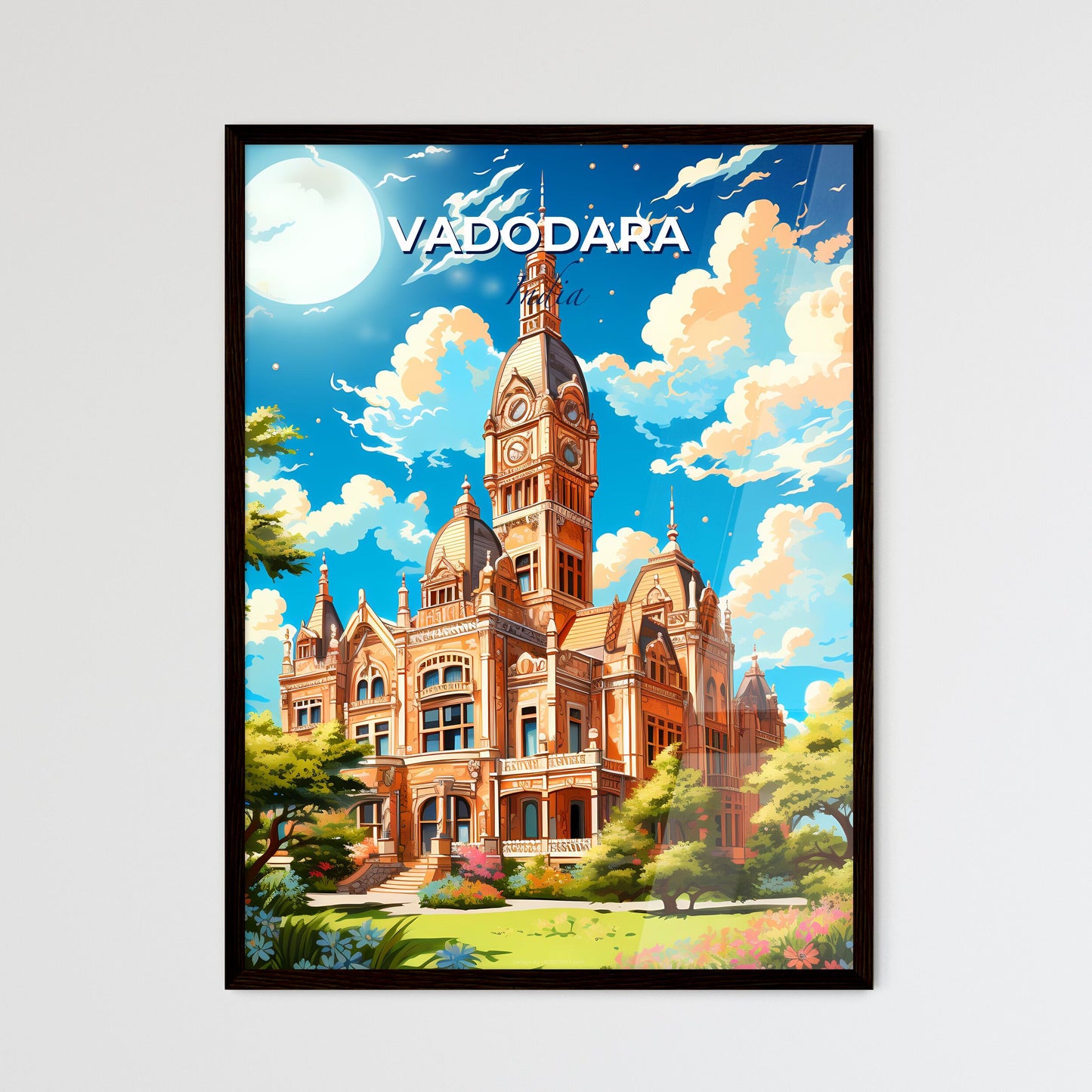 Stunning Cityscape Painting: Vibrant Vadodara Skyline Featuring Monumental Clock Tower in India Default Title