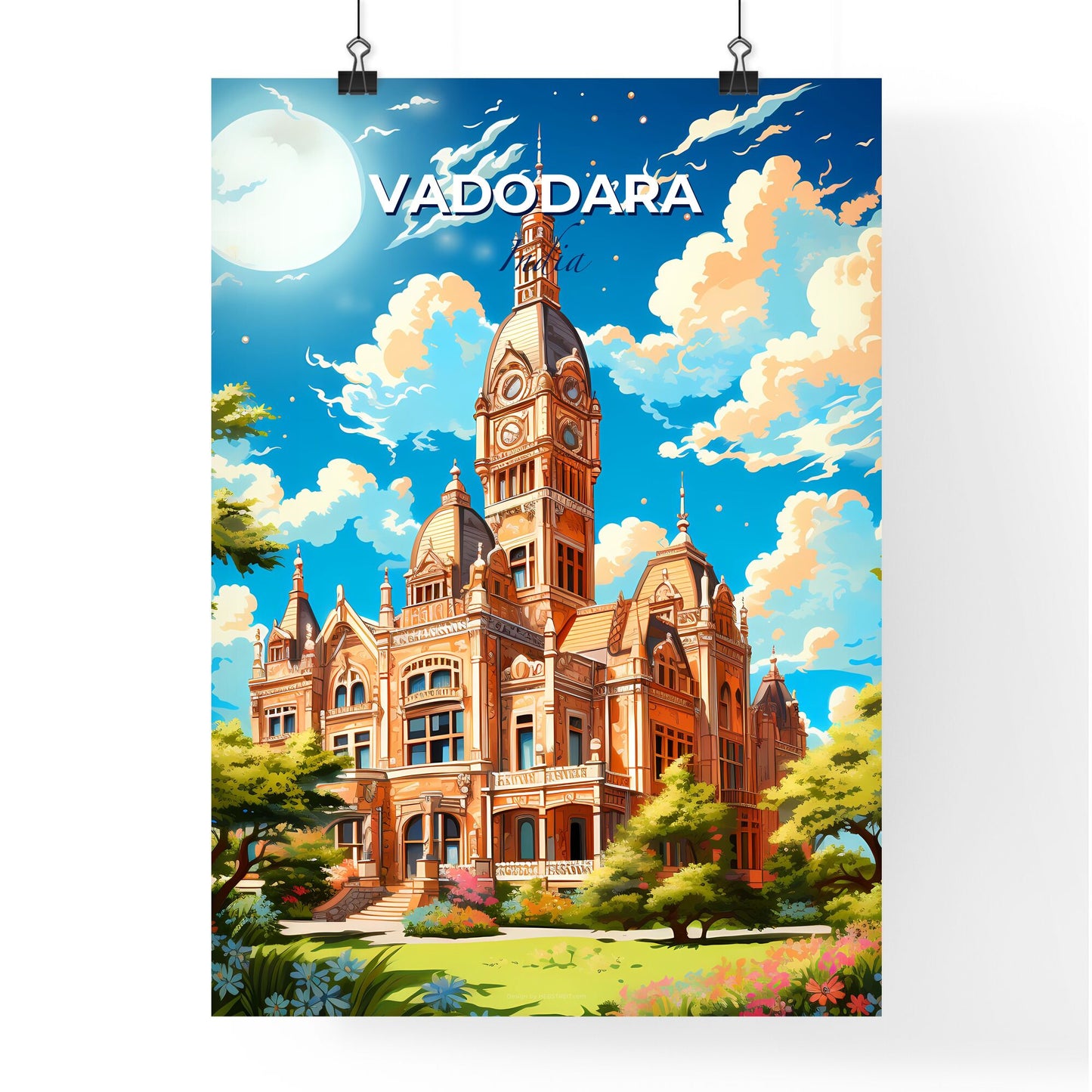 Stunning Cityscape Painting: Vibrant Vadodara Skyline Featuring Monumental Clock Tower in India Default Title