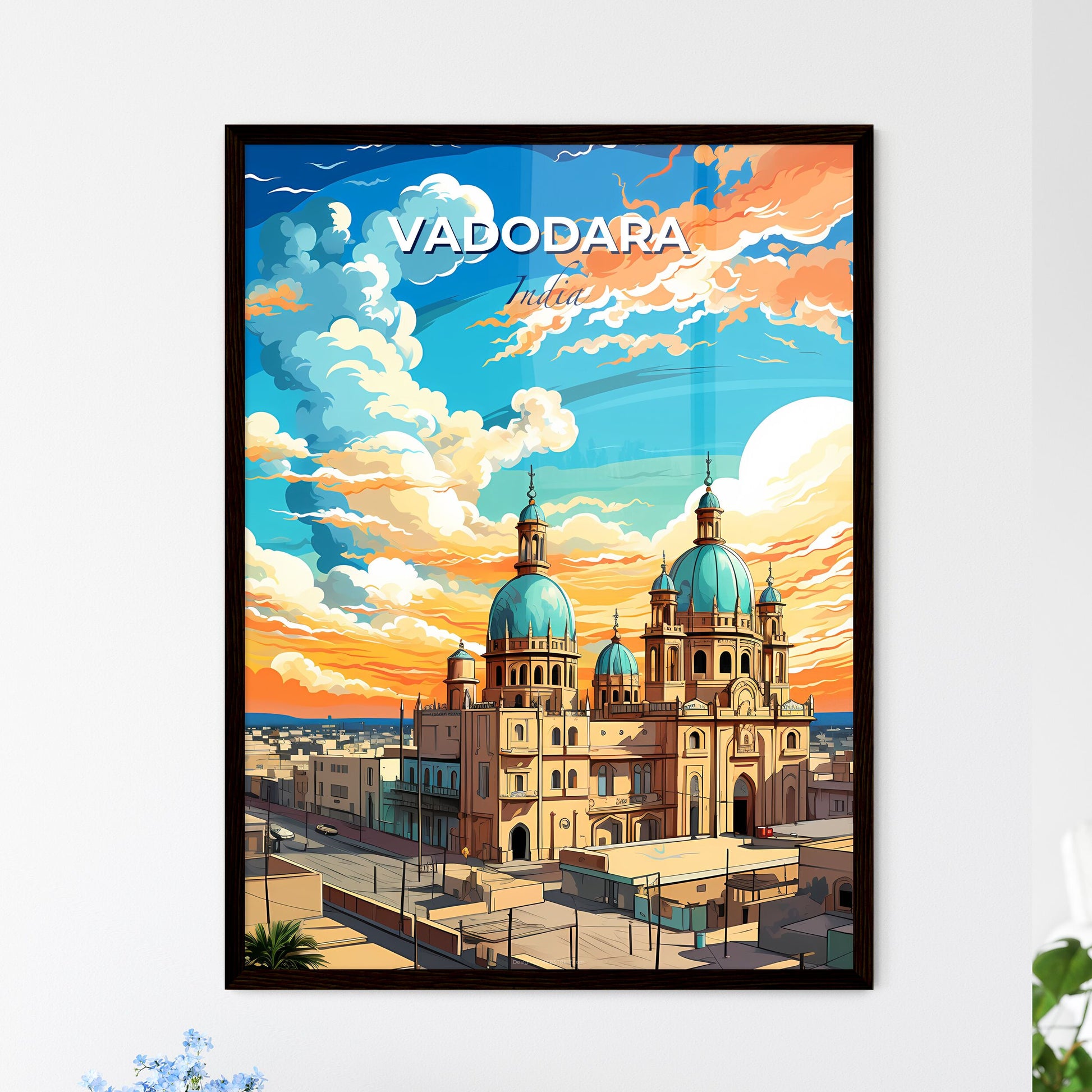 Vibrant Painting of Vadodara India Skyline: Blue Domes and Panoramic City with Sun and Clouds Default Title