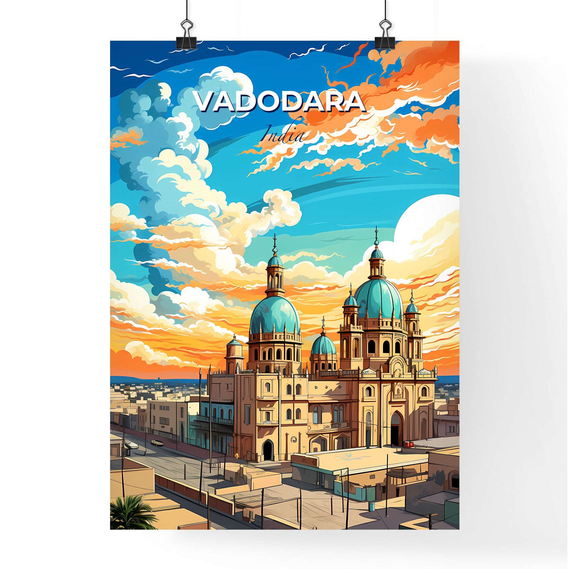 Vibrant Painting of Vadodara India Skyline: Blue Domes and Panoramic City with Sun and Clouds Default Title