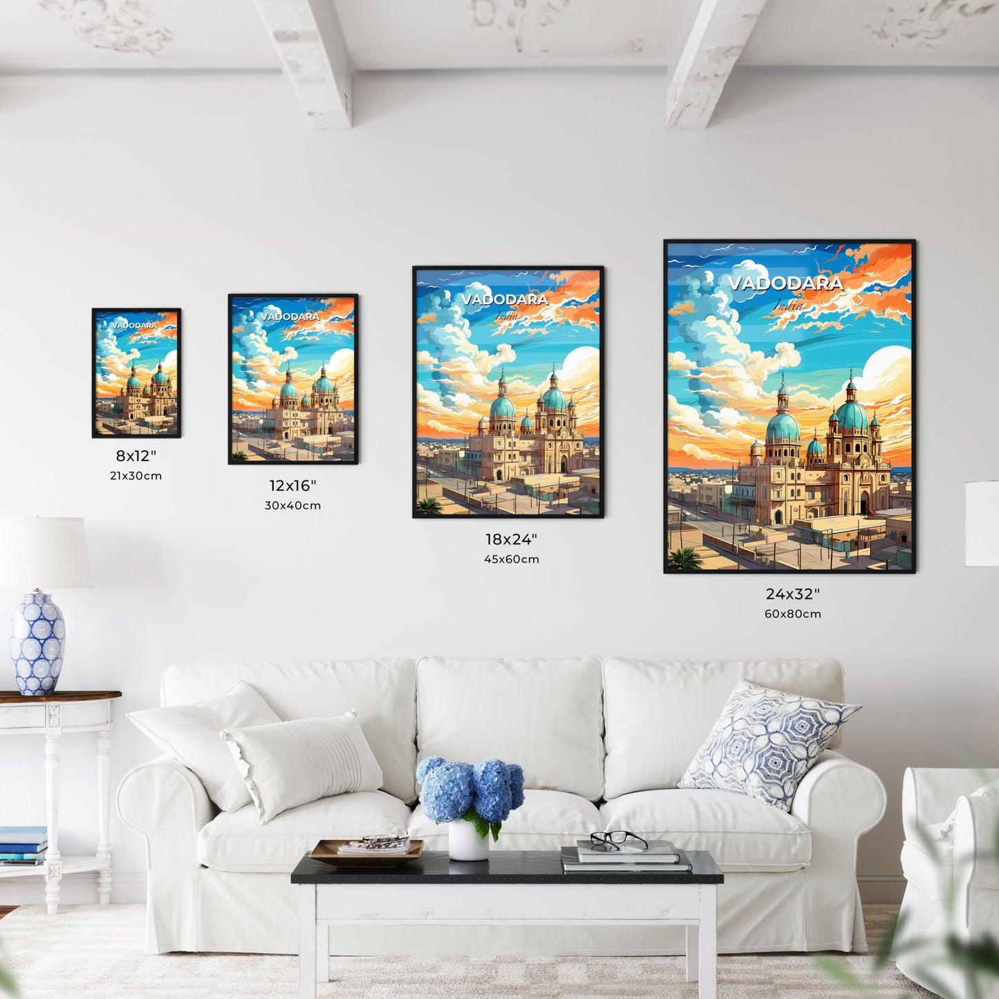 Vibrant Painting of Vadodara India Skyline: Blue Domes and Panoramic City with Sun and Clouds Default Title